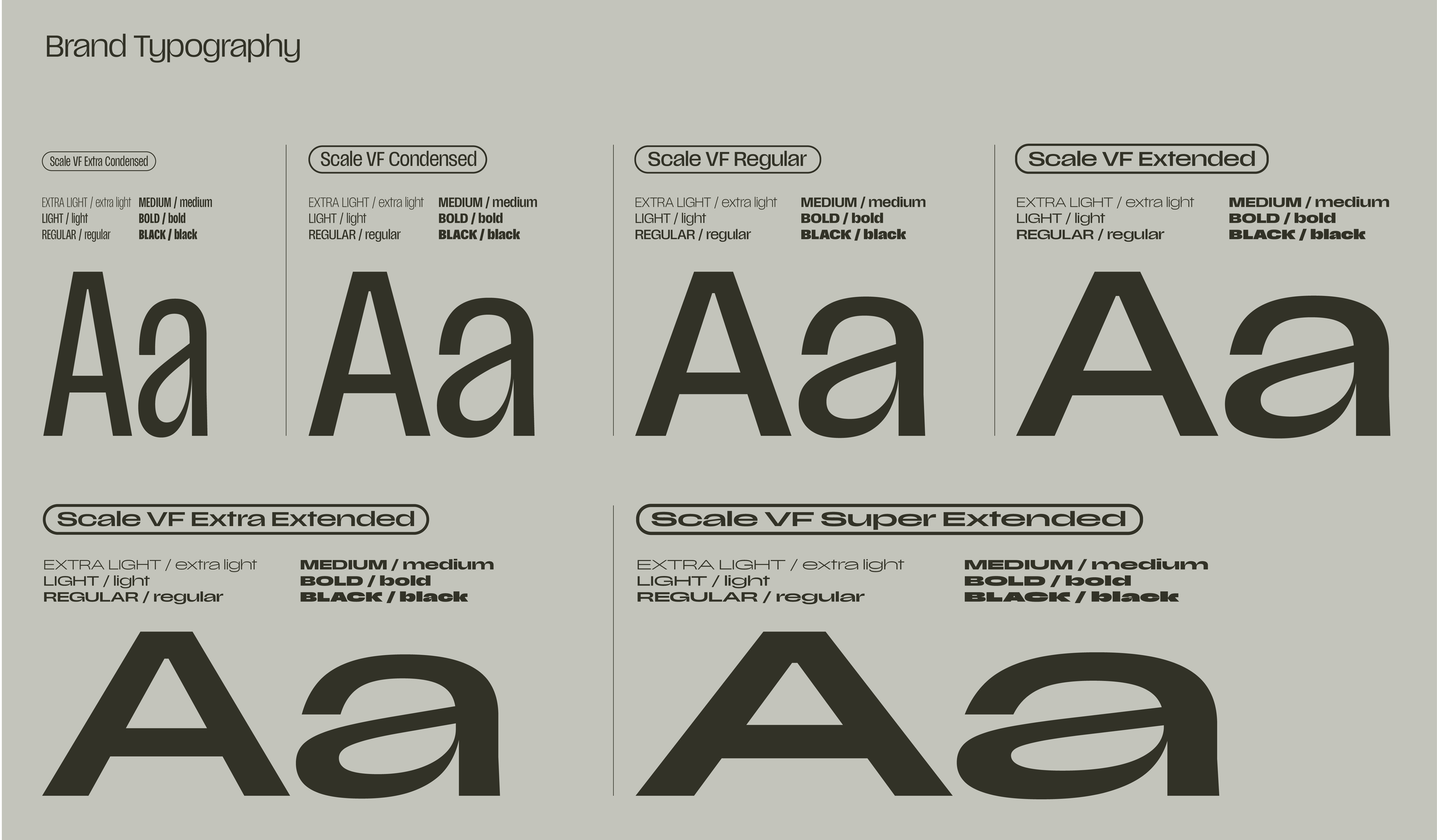 A chart displaying different styles of brand typography including Scale VF Extra Condensed, Scale VF Condensed, Scale VF Regular, Scale VF Extended, Scale VF Extra Extended, and Scale VF Super Extended with font weight options of extra light, light, regular, medium, bold, and black.