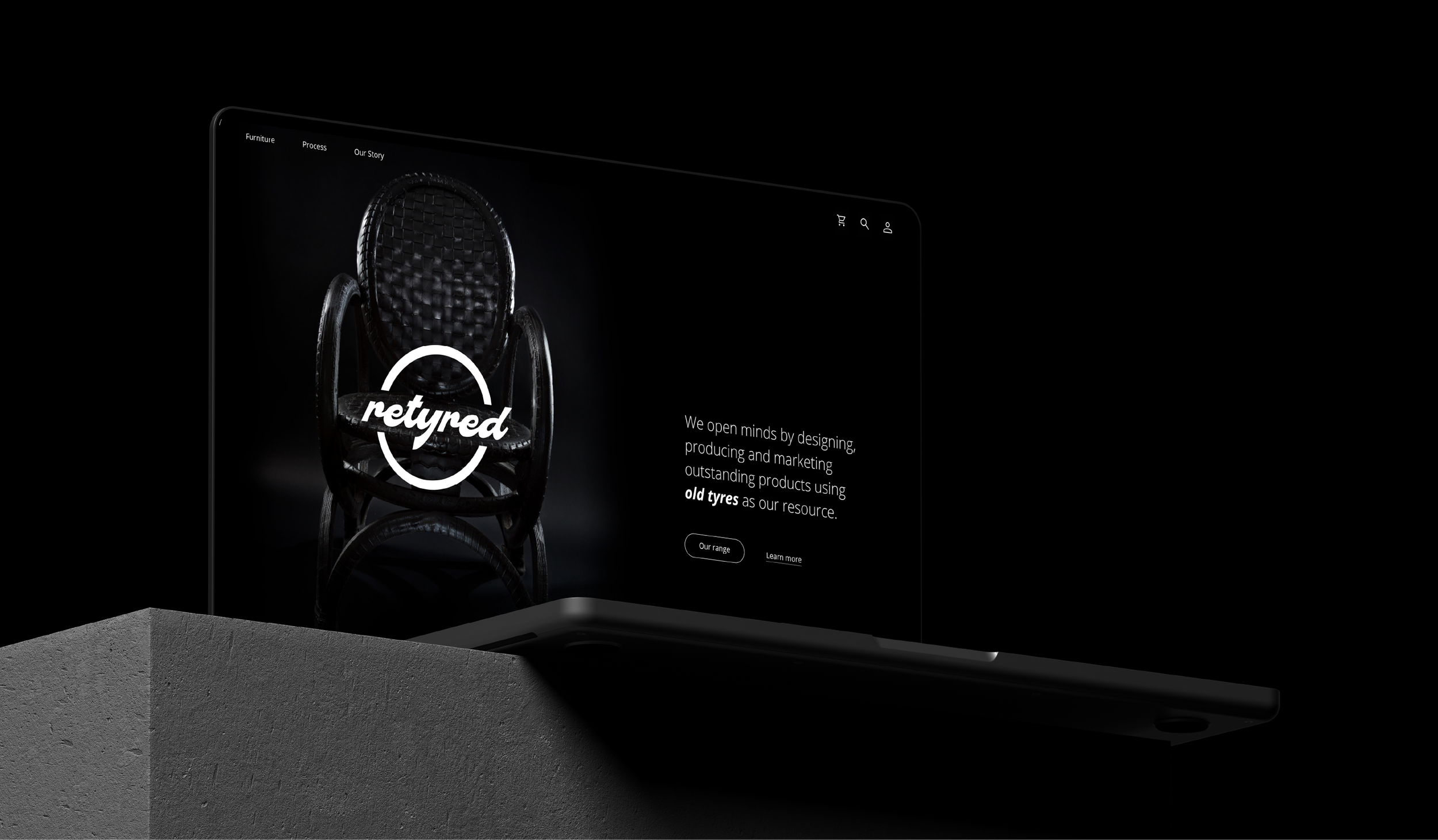 A dark background webpage displaying a black woven chair with a white 'retyred' logo on it, and some descriptive text.