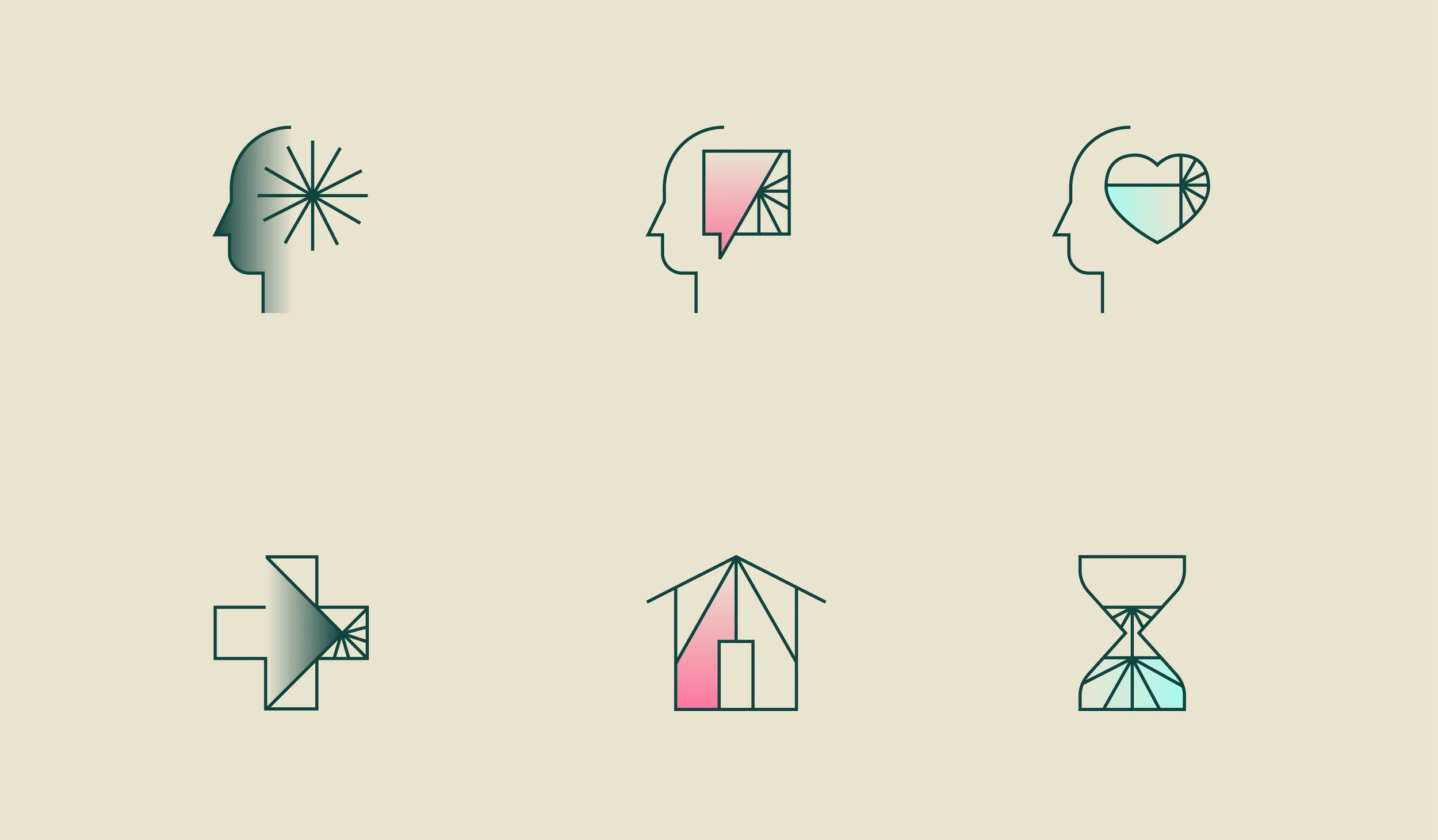 Series of minimalist digital line illustrations of human profiles and geometric shapes, some filled with soft pastel colors, on a light beige background.