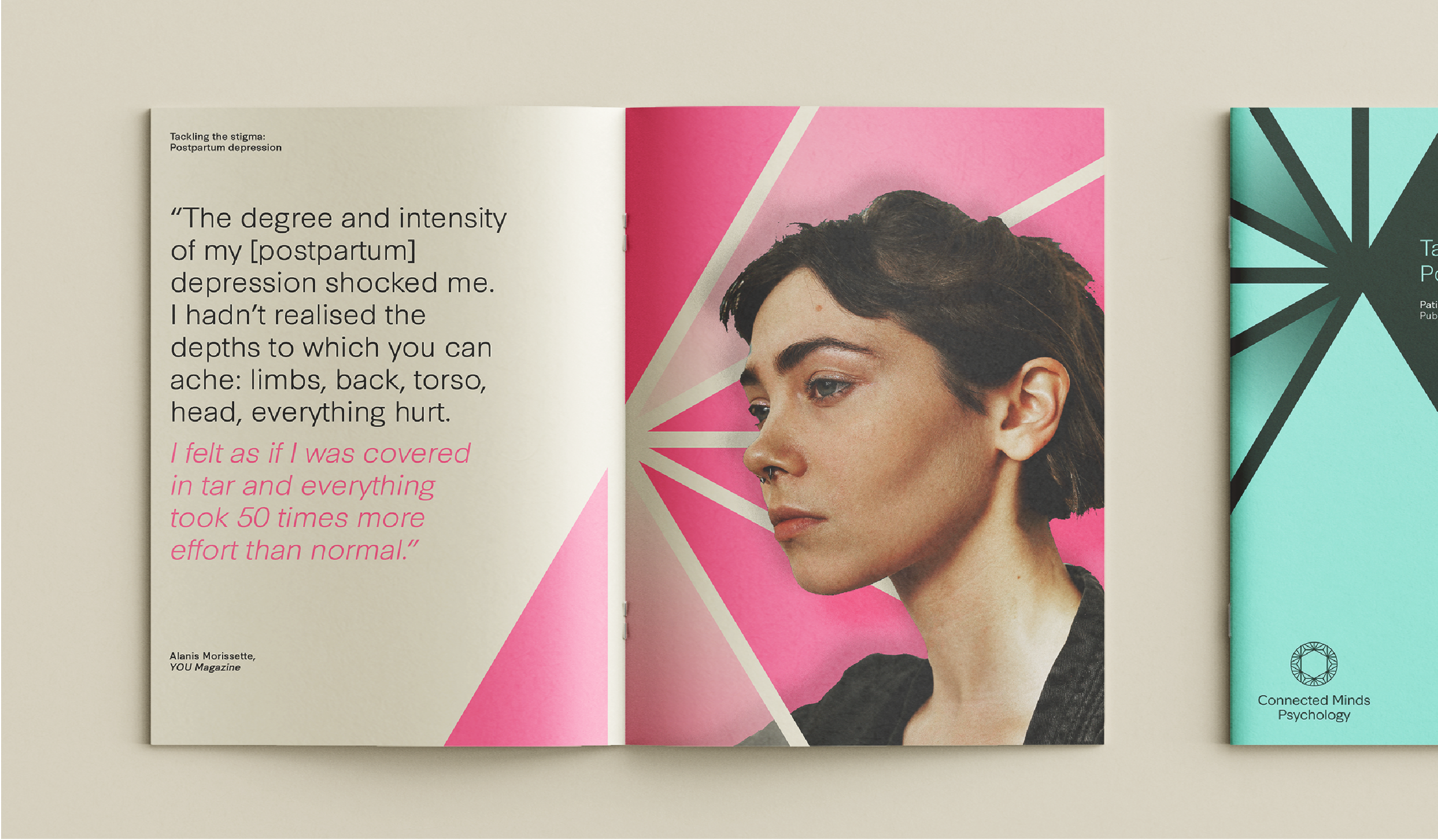 Open magazine featuring a profile of a woman with short dark hair against a pink geometric background, with text discussing postpartum depression and mental health.