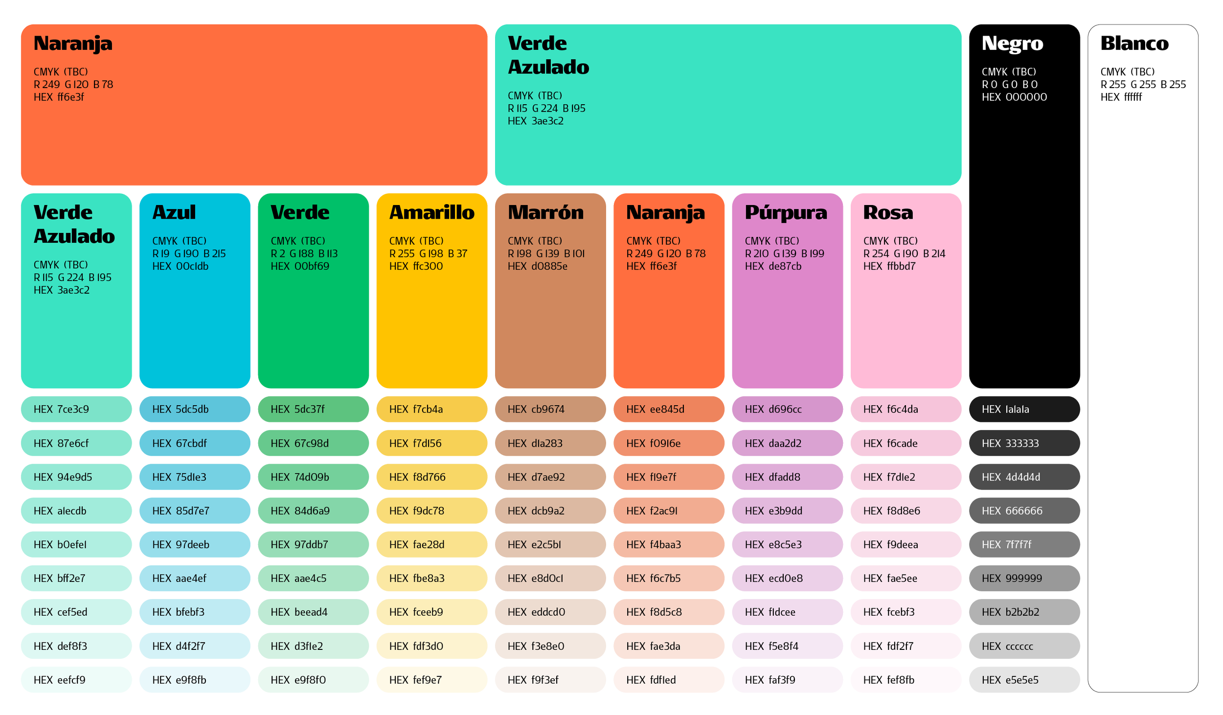 Color guide with color names and hex codes, including orange, green, blue, yellow, brown, purple, pink, black, white, and gray, each with sample color squares and corresponding hex and RGB values.