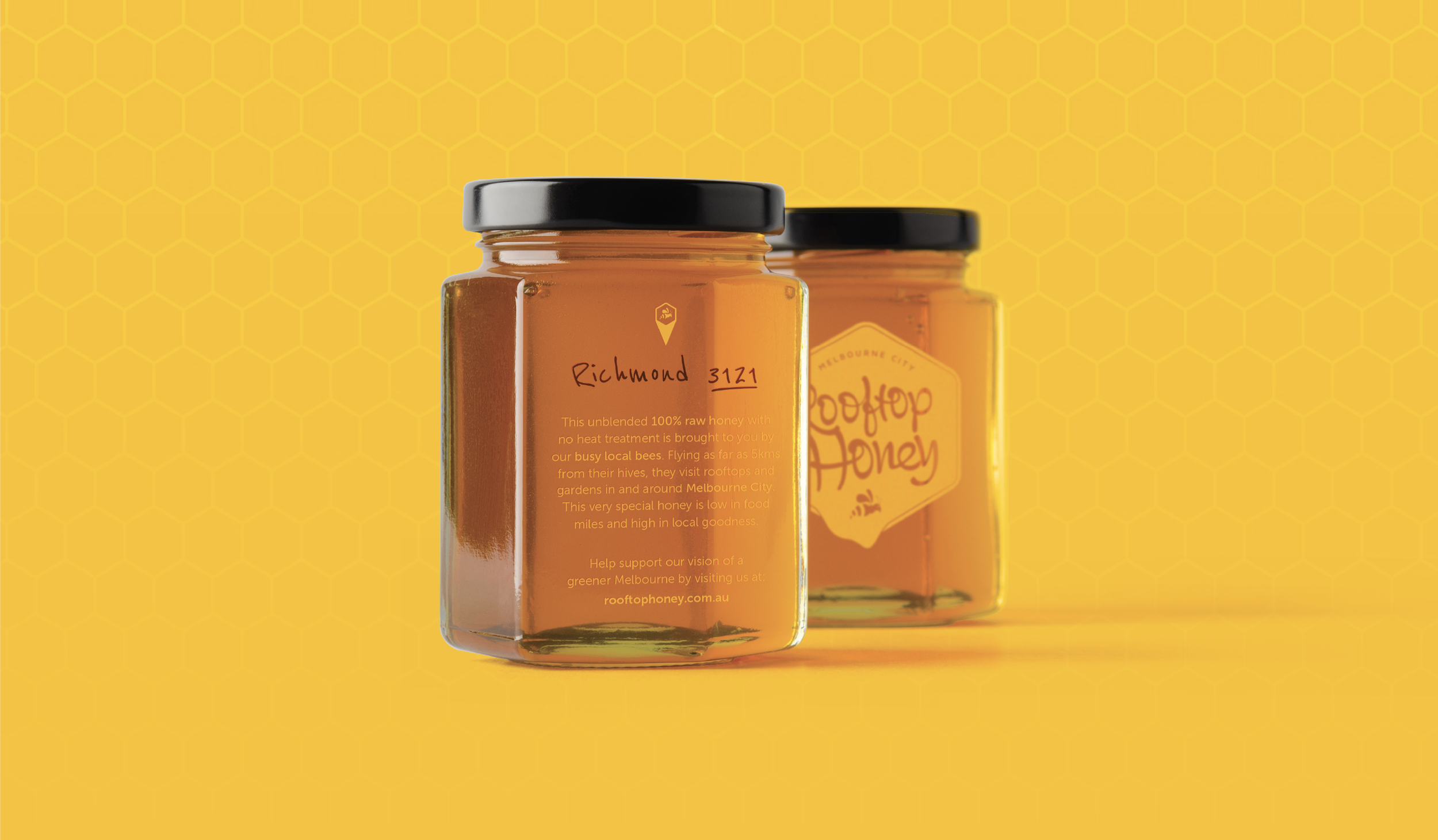 Close-up of two jars of honey with black lids, one prominently labeled 'Richmond 3171' and the other partially visible labeled 'Rooftop Honey,' against a yellow honeycomb-patterned background.