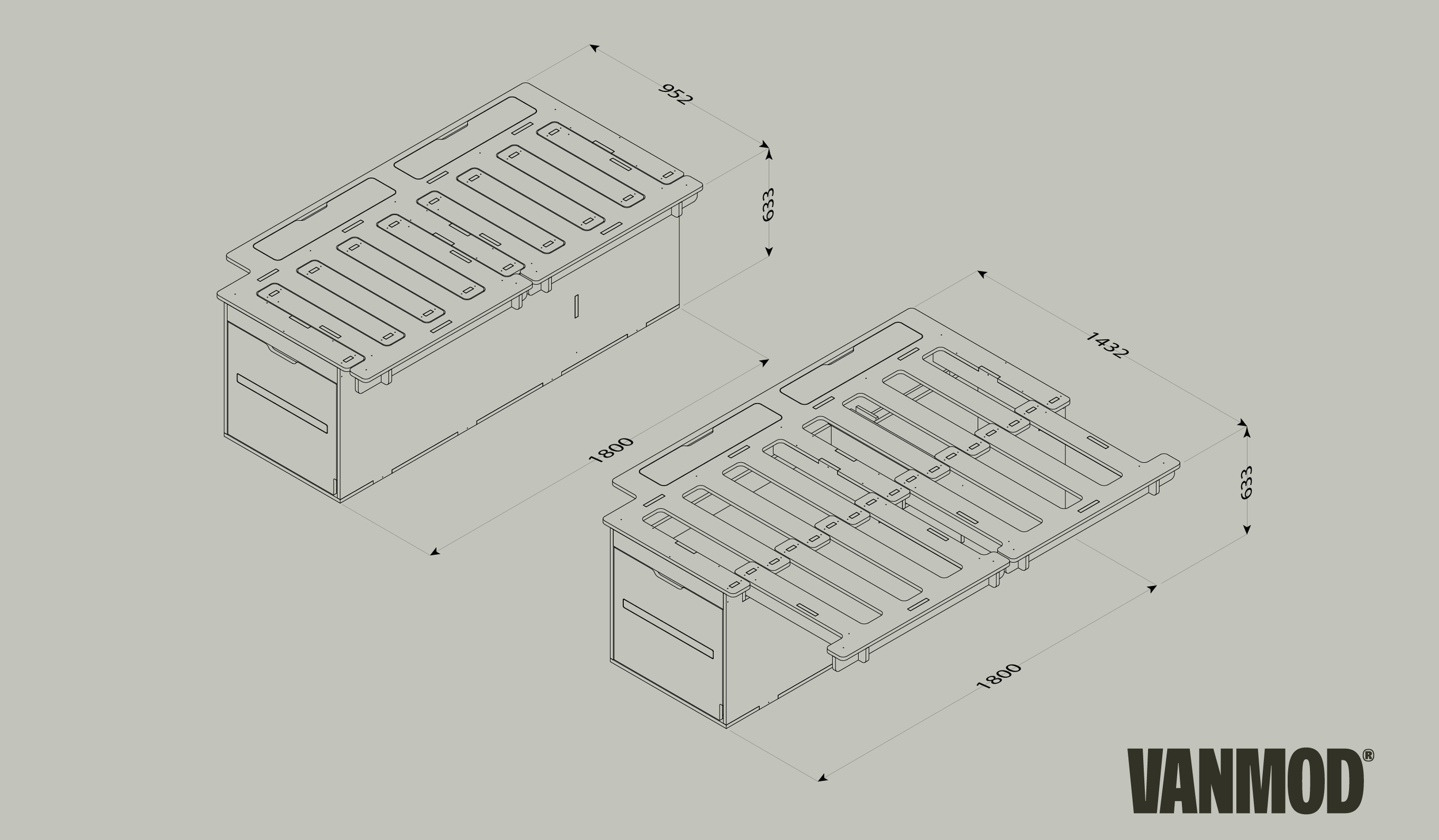 Technical drawing of two metal frames with dimensions, part of VanMoD equipment or furniture.