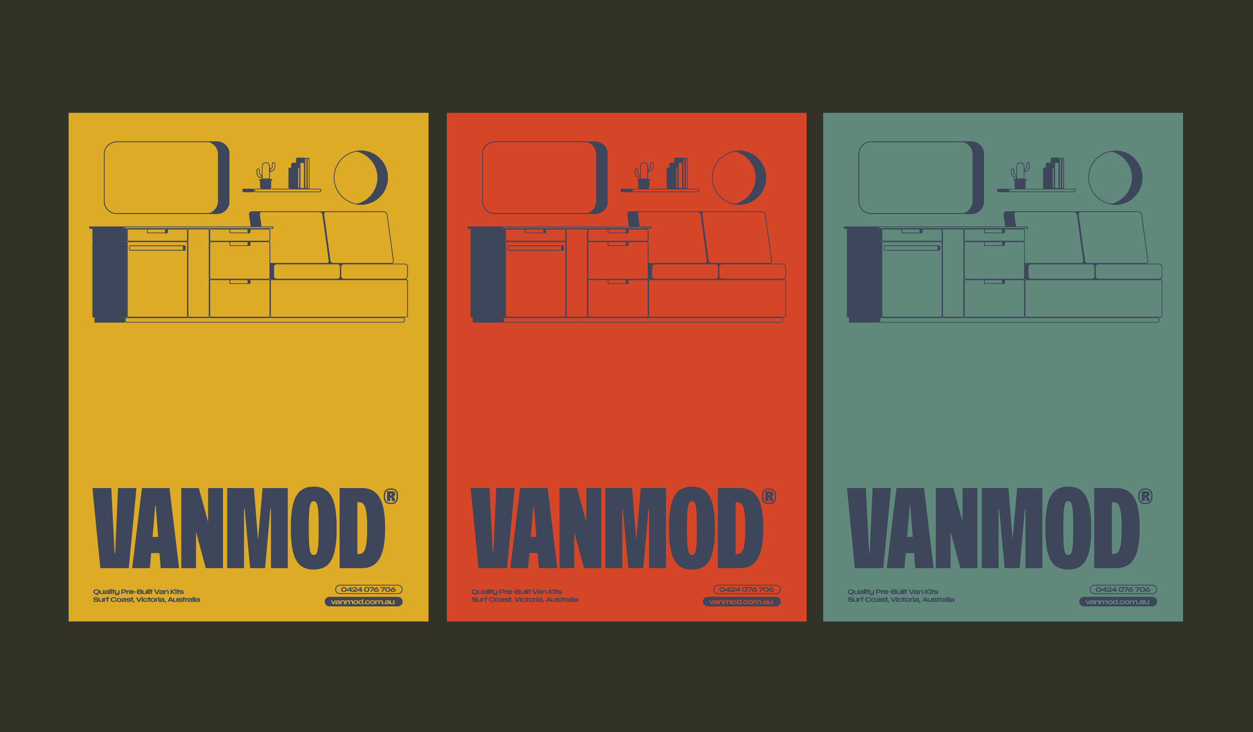 Three Vanmod pre-built van kit packaging designs in yellow, red, and teal, each with the Vanmod logo and contact information, set against a dark background.
