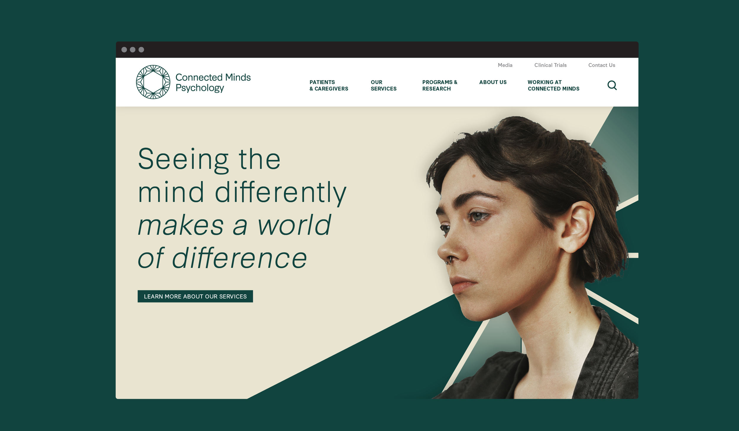 Website homepage for Connected Minds Psychology featuring a woman with short dark hair and a serious expression, with navigation menu options and a tagline about understanding the mind.