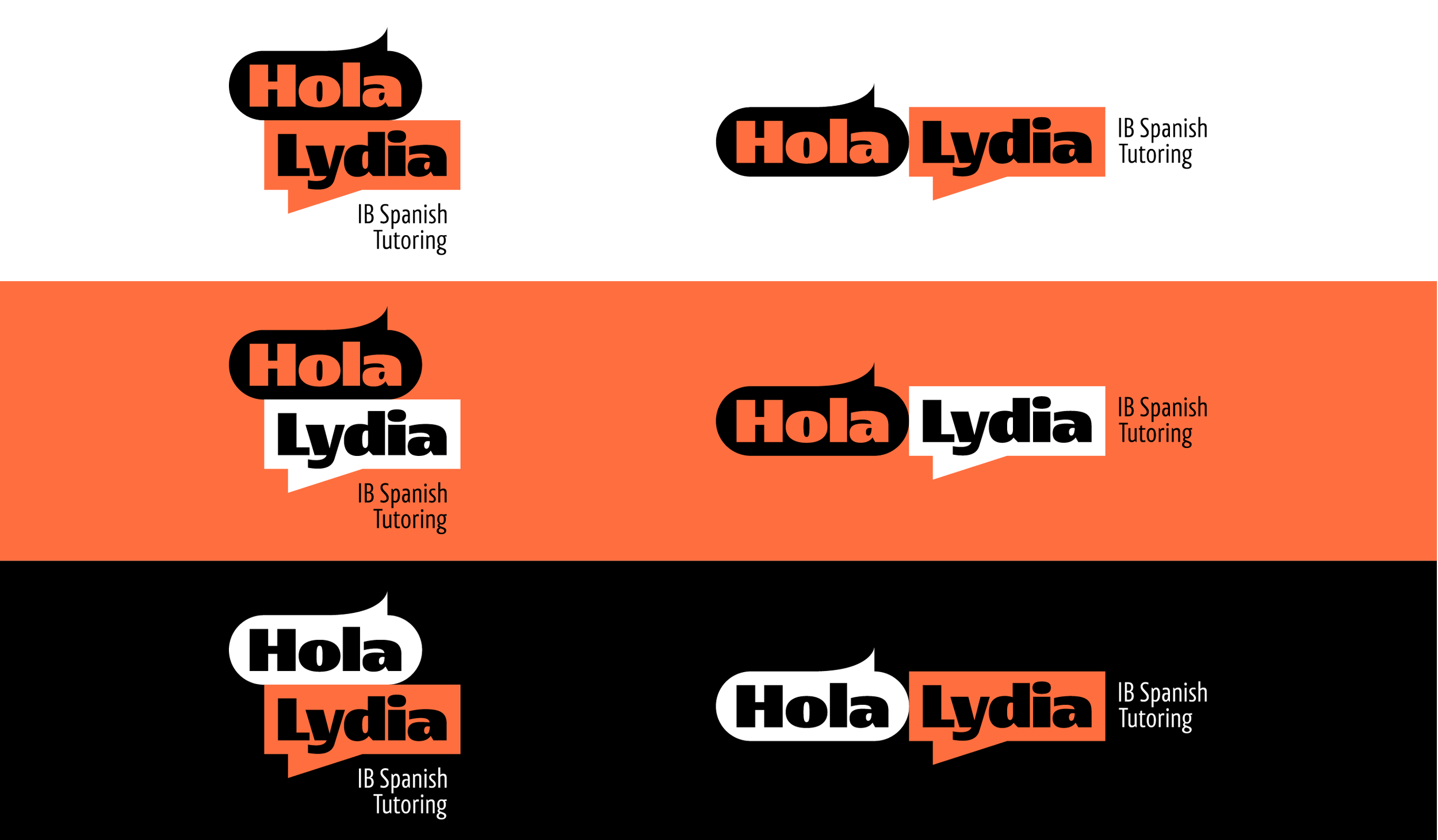 Multiple speech bubbles with the words "Hola" and "Lydia," some accompanied by the phrase "IB Spanish Tutoring," set against a black and orange background.