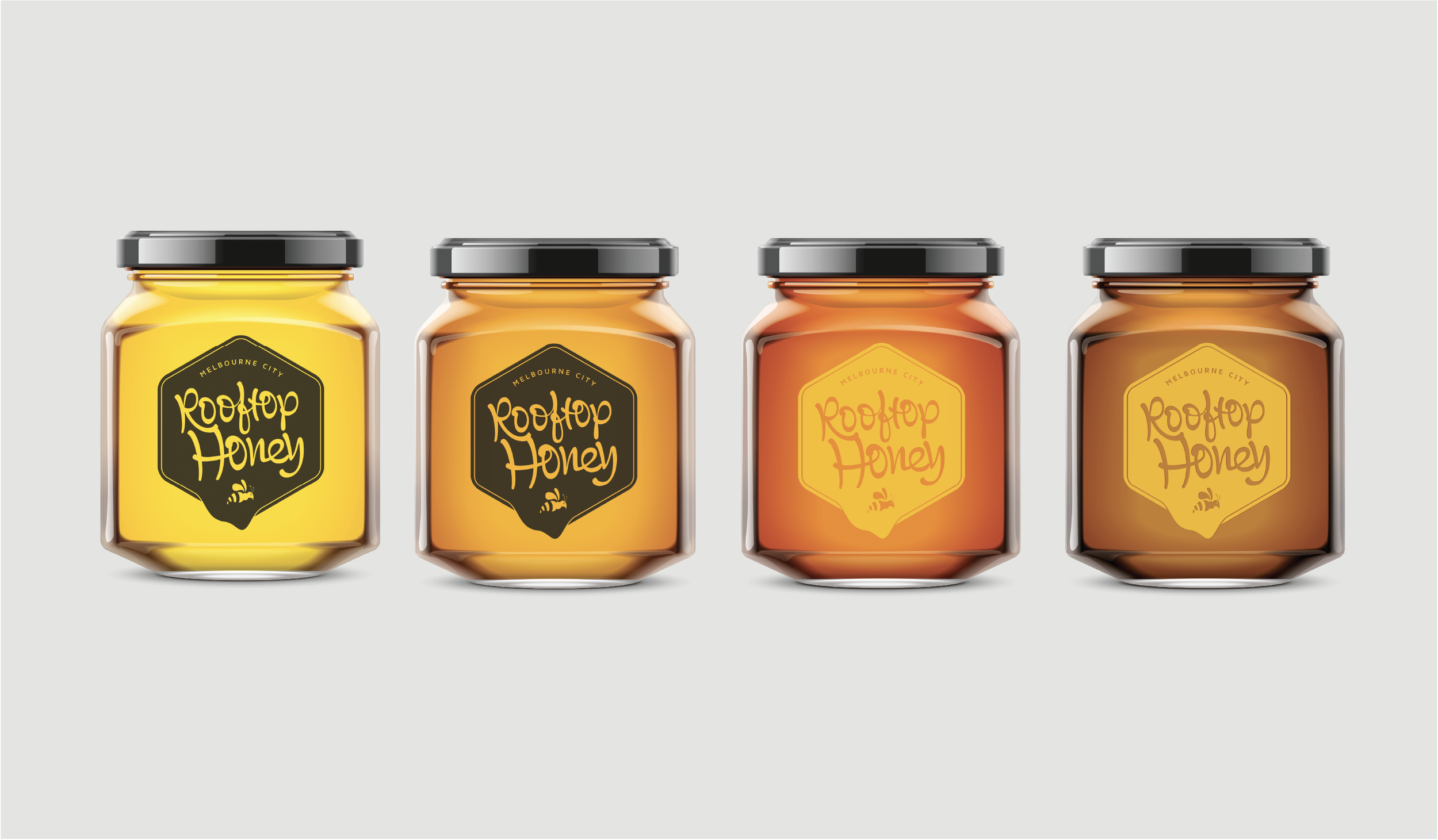 Four jars of honey with different shades of color, labeled 'Rooftop Honey' and 'Melbourne City', each jar has a black lid and a black and yellow or orange label.
