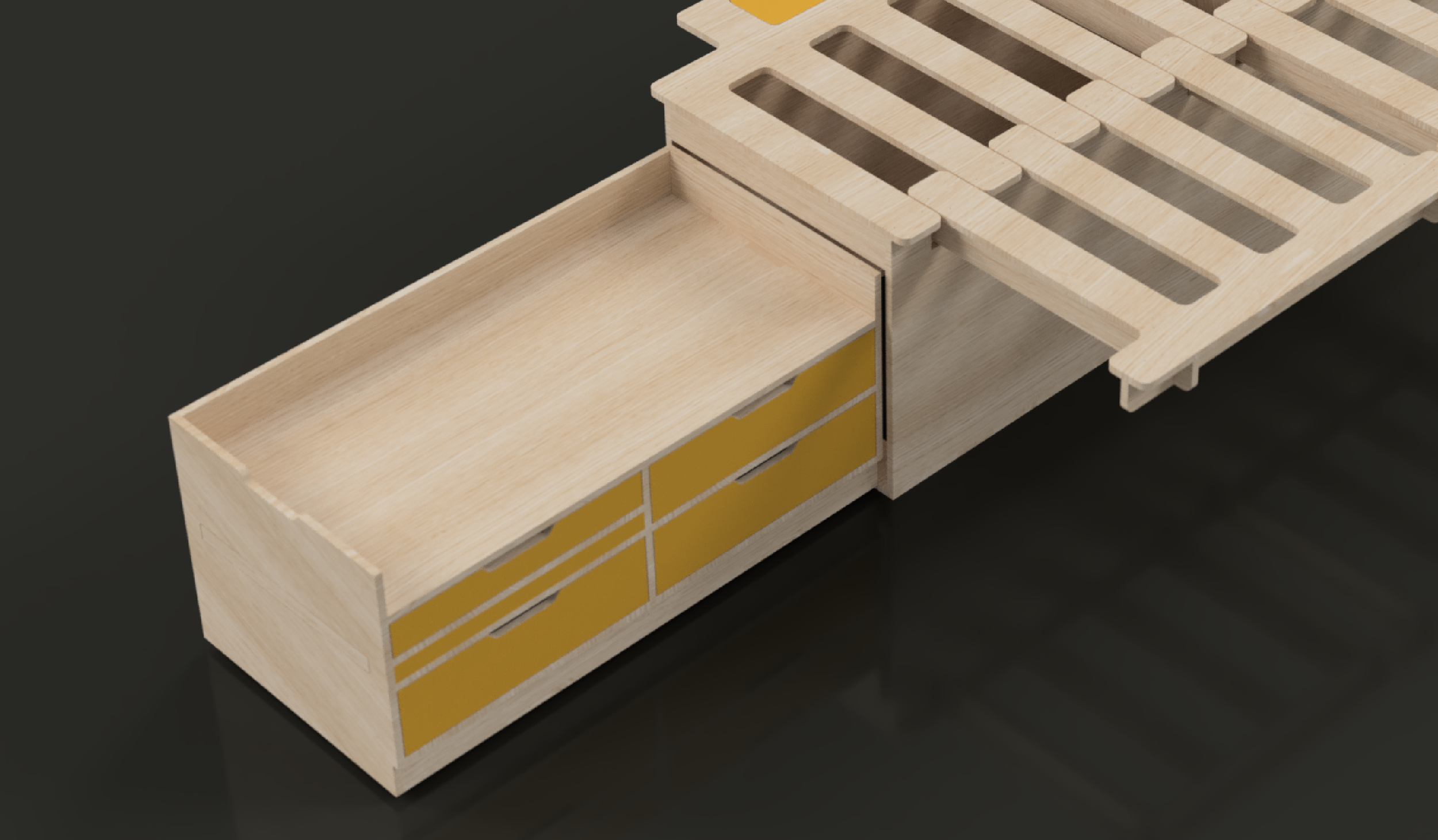 Close-up of a wooden kitchen island with yellow cabinet drawers and a slatted wooden countertop.