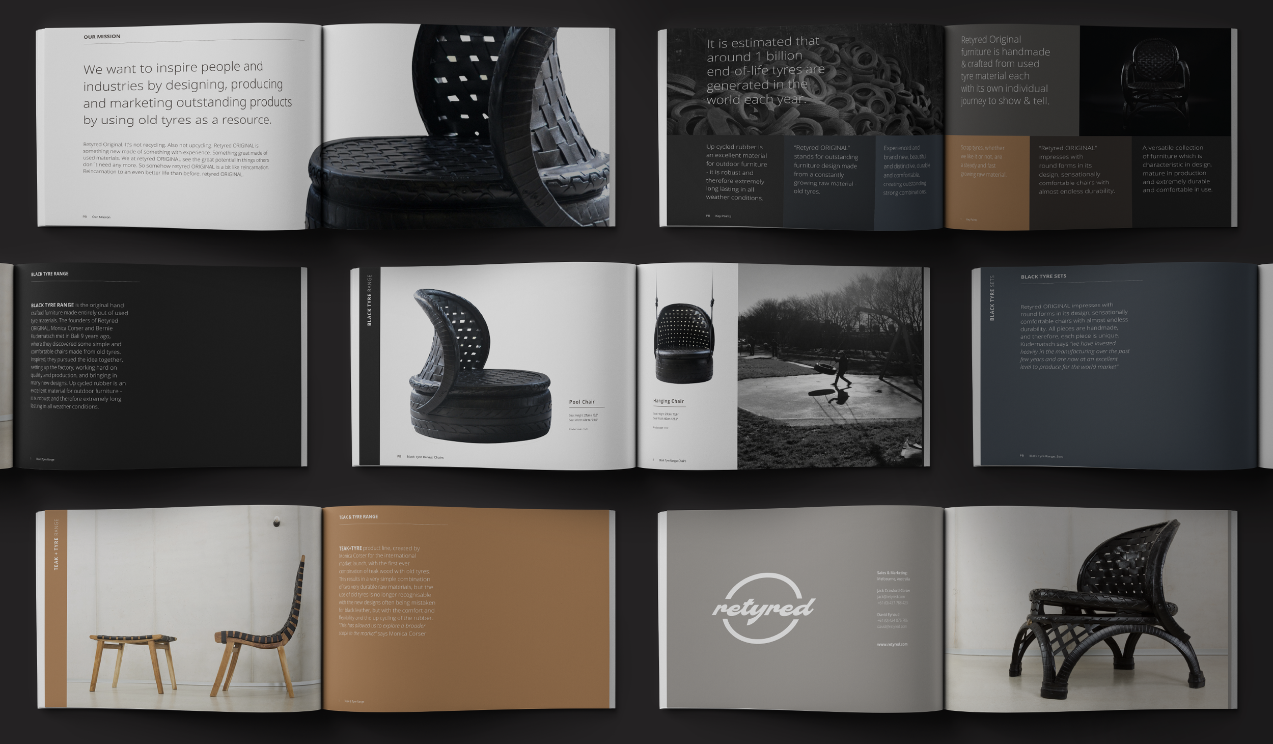Open magazine or catalog with images and text about recycled tires and furniture, featuring black tire-based chairs and a swing, with some furniture in natural wood and black.
