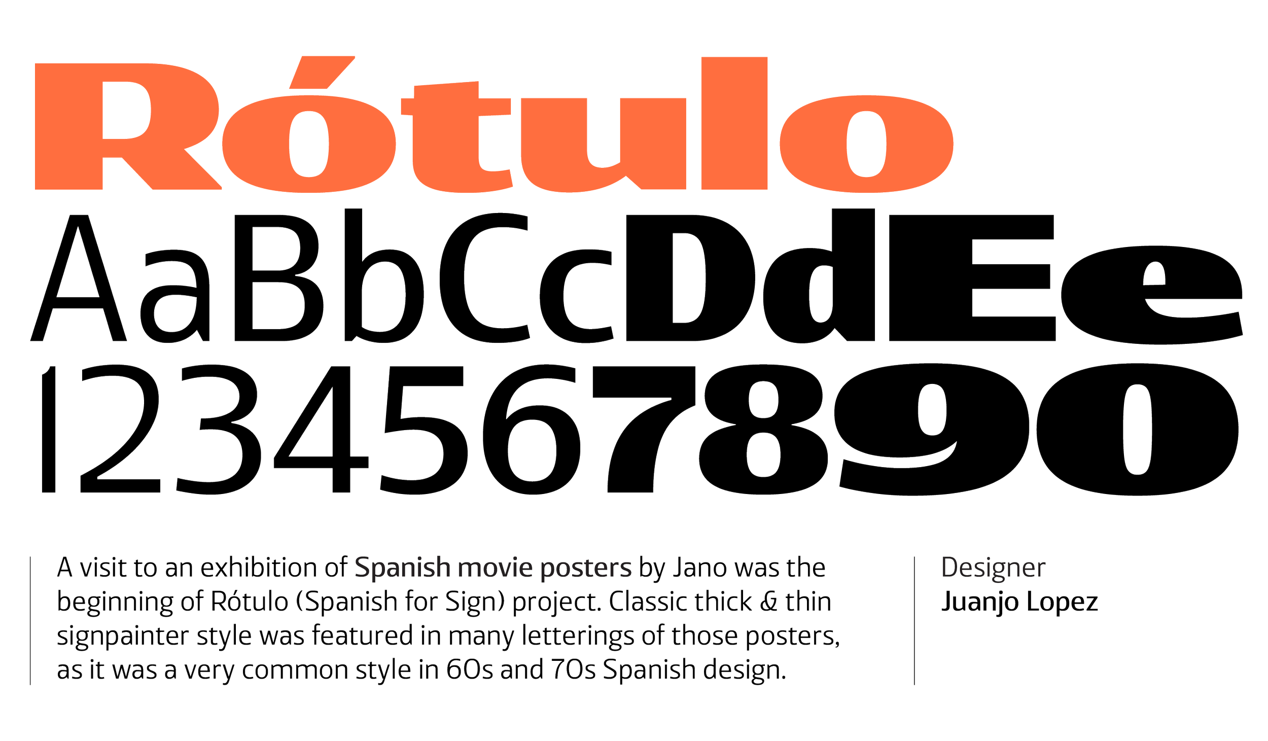 Poster with the word 'Rótulo' in large orange stylized font and an alphabet in outline below it. Additional smaller text describes an exhibition of Spanish movie posters by Jano.