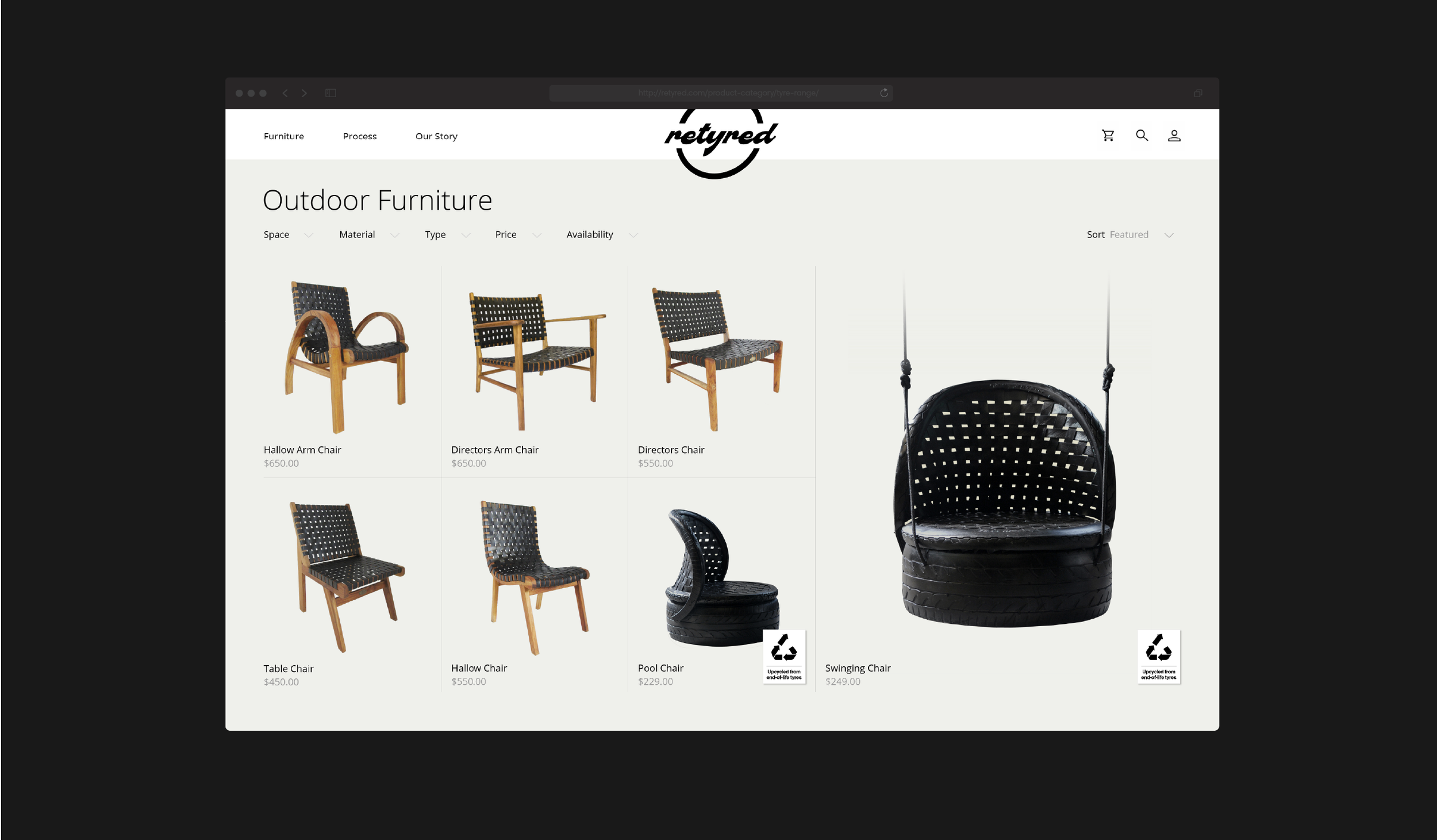 Screenshot of an online outdoor furniture store website showing various chairs, including armchairs, a pool chair, and a swing chair, with their prices listed.