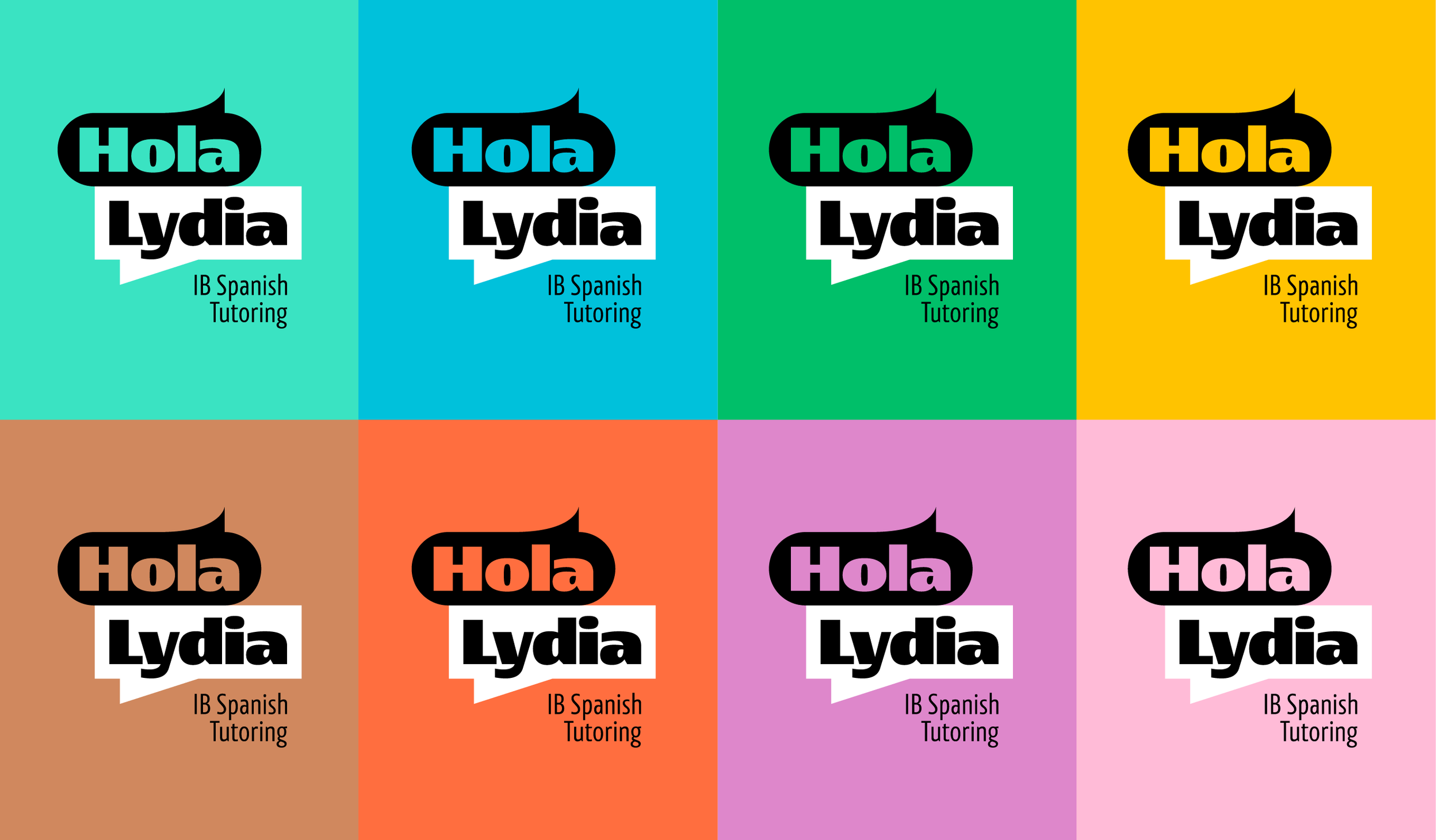 Colorful repeated logo design for 'Hola Lydia' with 'IB Spanish Tutoring' underneath, in different background colors including turquoise, blue, green, yellow, brown, orange, purple, and pink.