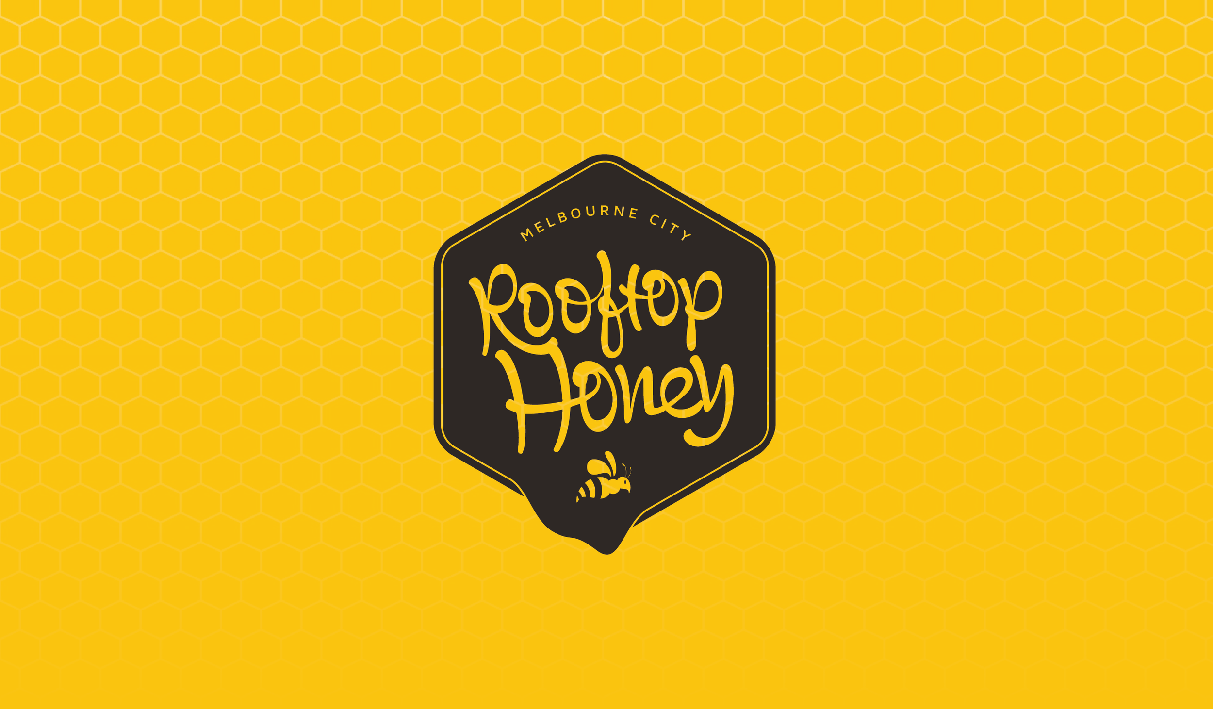 Bright yellow background with a honeycomb pattern and a black shield-shaped sign at the center. The sign reads 'Melbourne City Rooftop Honey' and has a small illustration of a bee at the bottom.