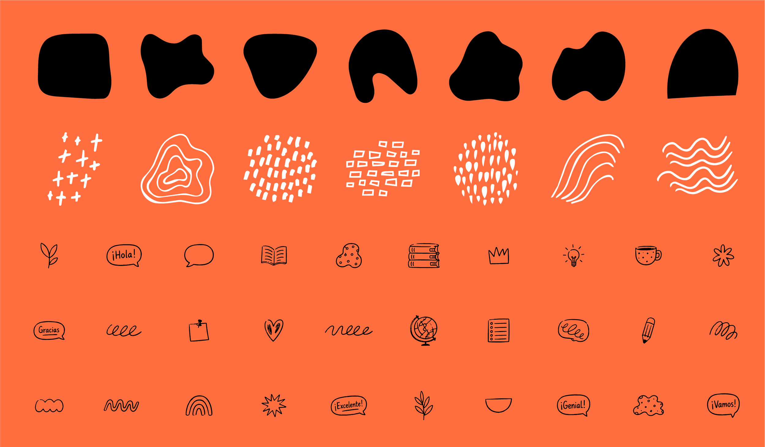 A colorful digital graphic design with a coral background. The top part contains black abstract shapes resembling stones or blobs. Below, there are various white icons including speech bubbles with words like '¡Hola!', 'Gracias', and '¡Vamos!', along with icons of a leaf, book, globe, rainbow, and more. The overall design is playful and vibrant.