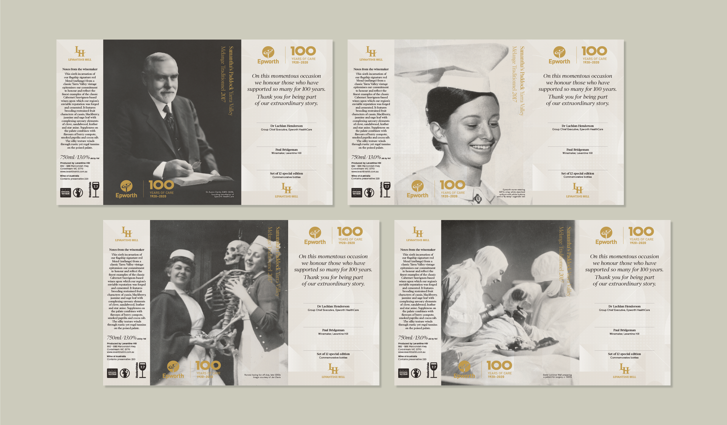Set of four vintage-style brochures celebrating 100 years of Leventine Hill, each featuring black and white photographs of people, including a man in a suit, a nurse with a child, and a woman with a skeleton and children, with gold and black accents, and text honoring the milestone.