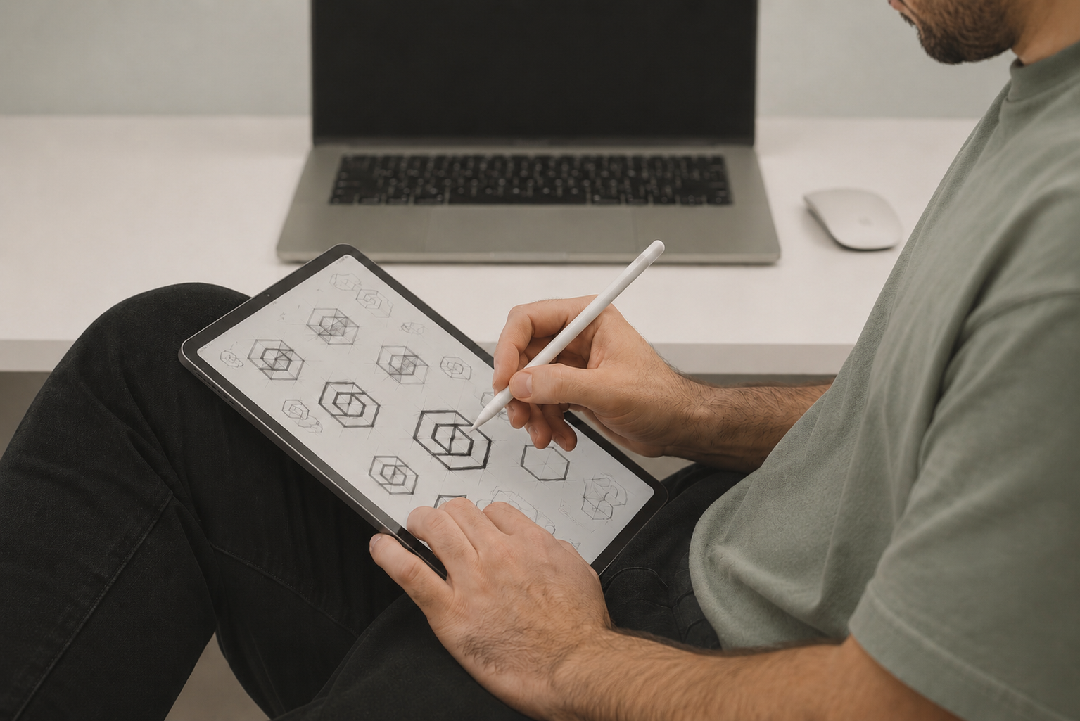 A person sitting on a chair drawing complex geometric cube designs on a digital drawing tablet with a stylus. A laptop and mouse are visible on a white desk in front of them.