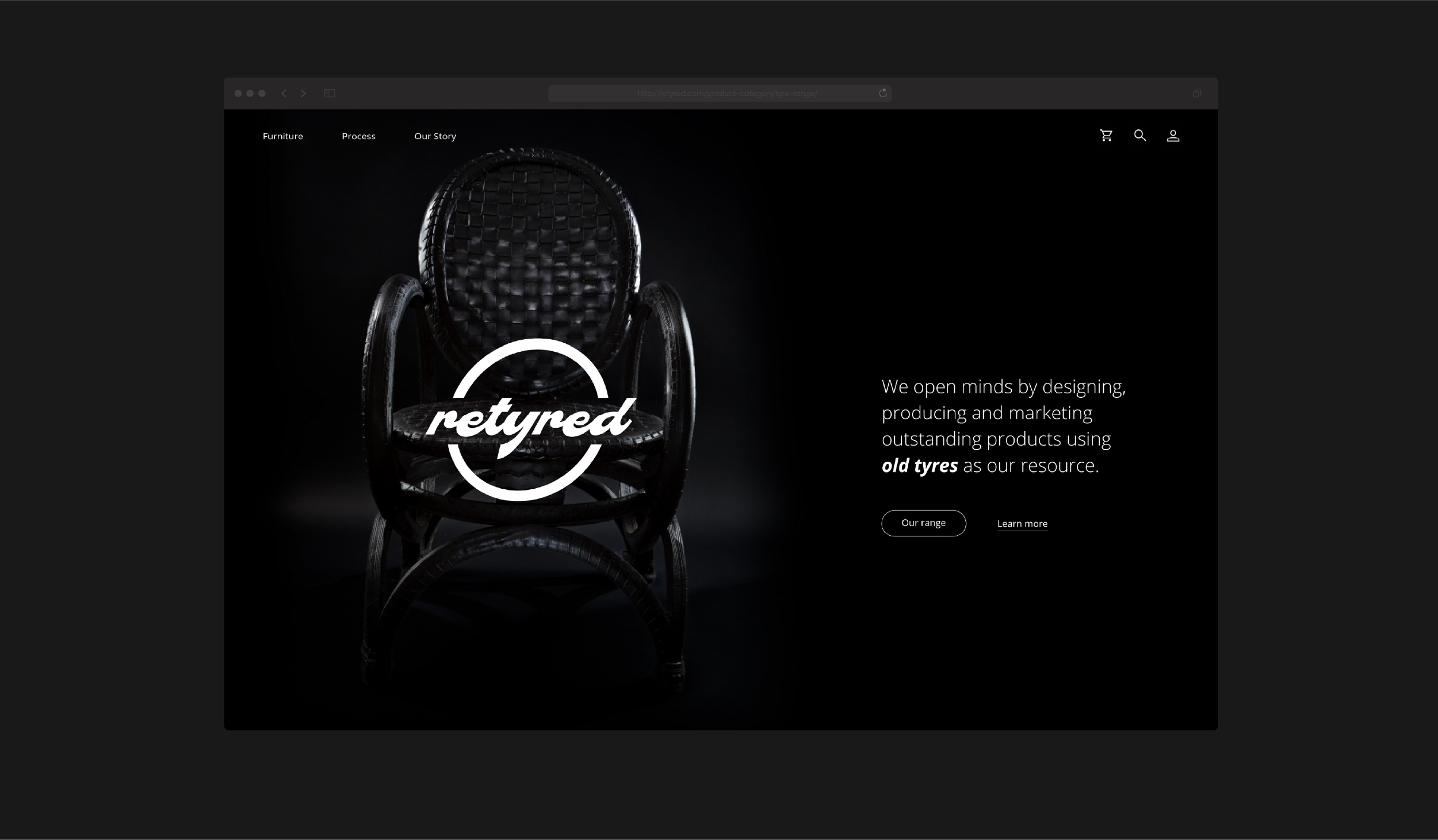 A website homepage featuring a black woven chair with the word 'retyred' in stylized white font, and text about designing and marketing products using old tires. Navigation menu at the top and buttons labeled 'Our range' and 'Learn more'.