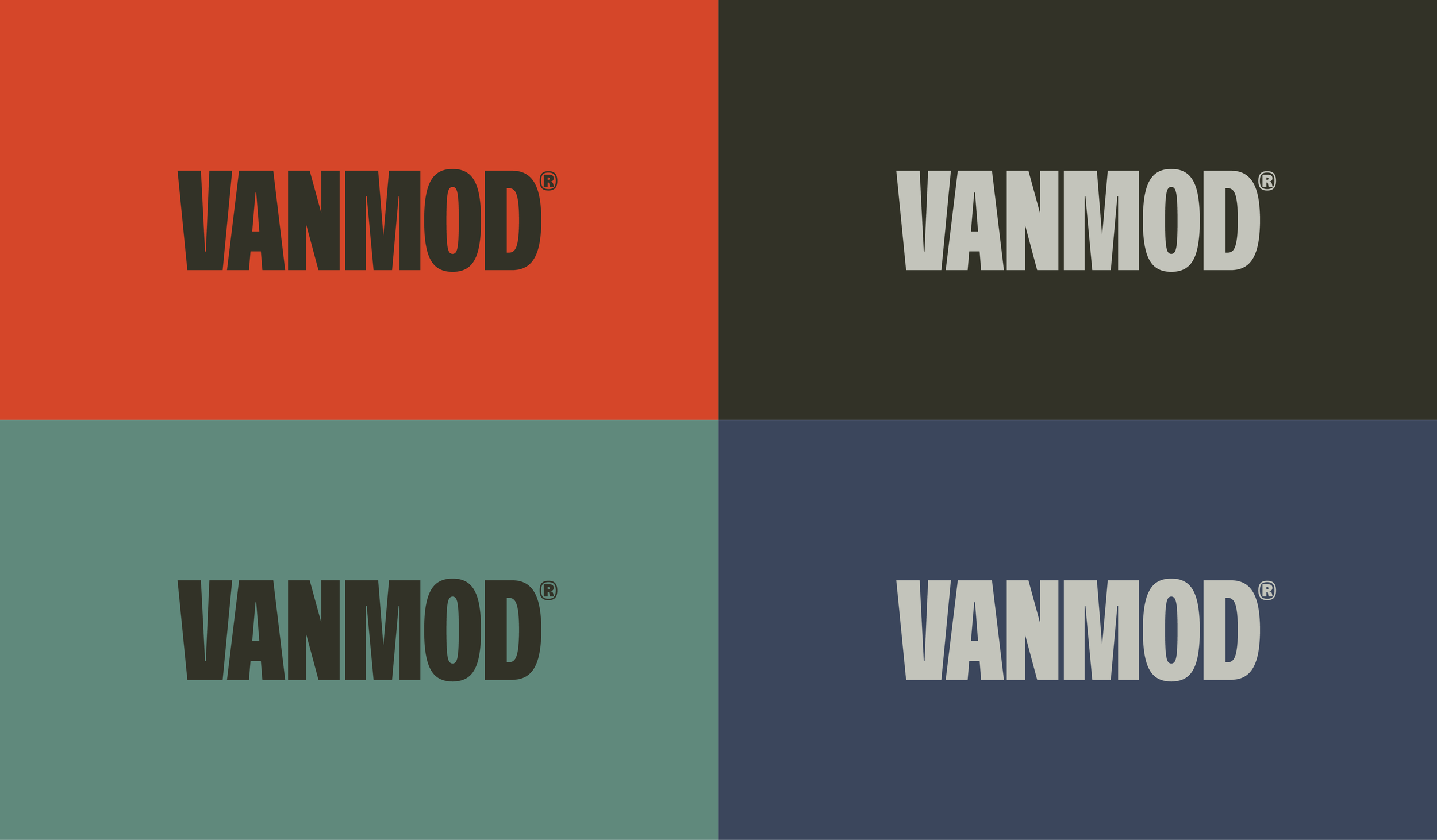 The image is divided into four quadrants, each with the word 'VANMOD' in large, bold letters. The top left quadrant has a red background with black text. The top right quadrant has a dark gray background with gray text. The bottom left quadrant has a teal background with black text. The bottom right quadrant has a navy blue background with gray text.