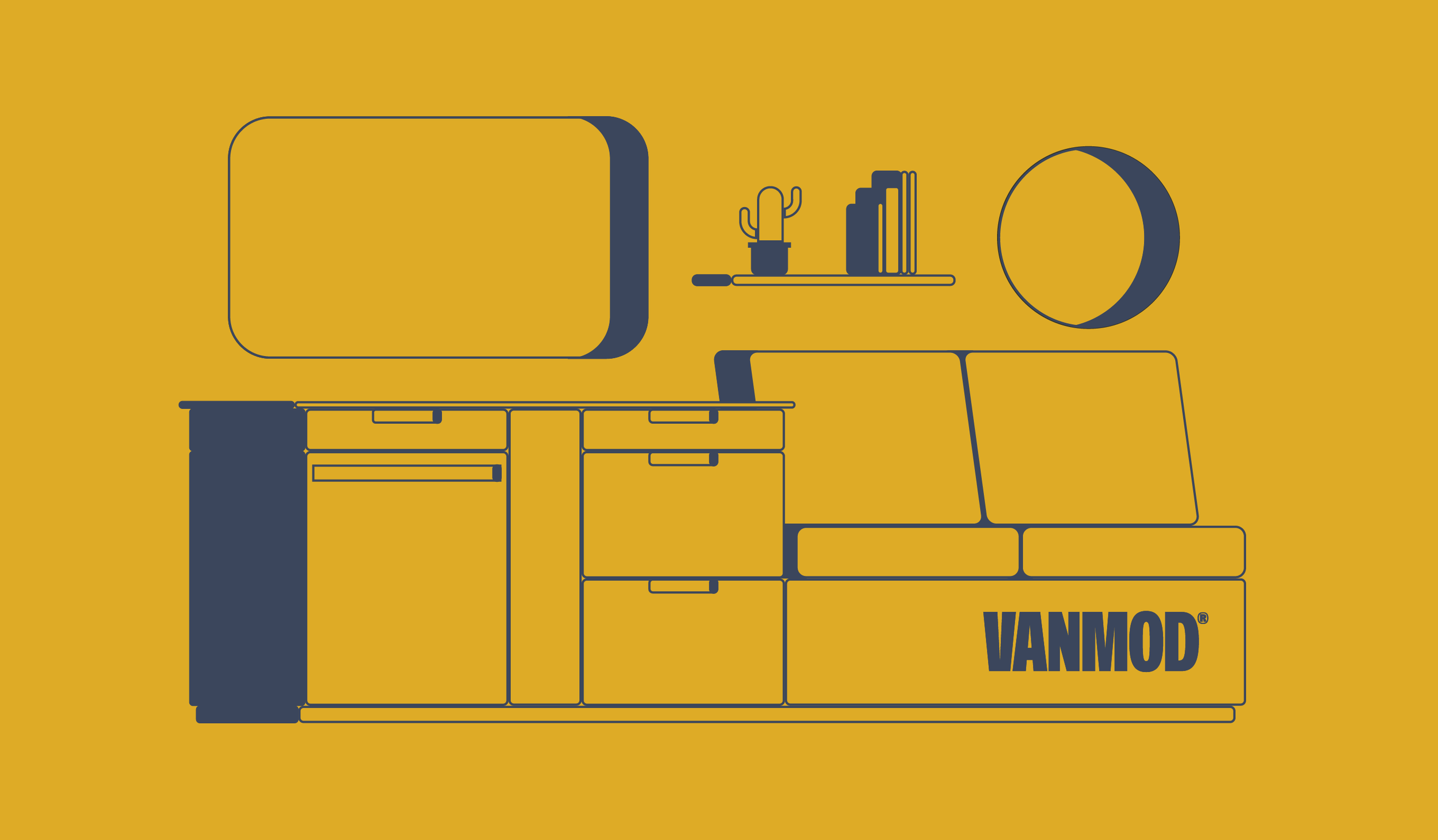 Illustration of furniture with a desk, shelves, a potted cactus, books, a chair, and stacked boxes with 'VANMOD' logo on a yellow background.