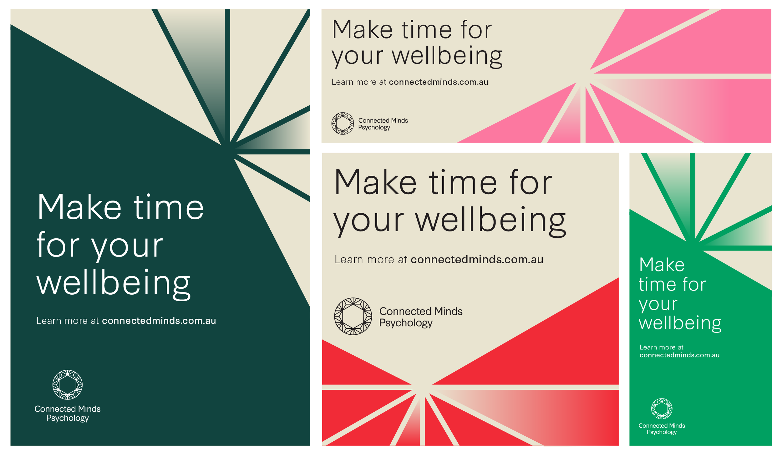 Patterned graphic with geometric shapes and text promoting wellbeing, with phrases like 'Make time for your wellbeing' and 'Learn more at connectedminds.com.au' from Connected Minds Psychology.