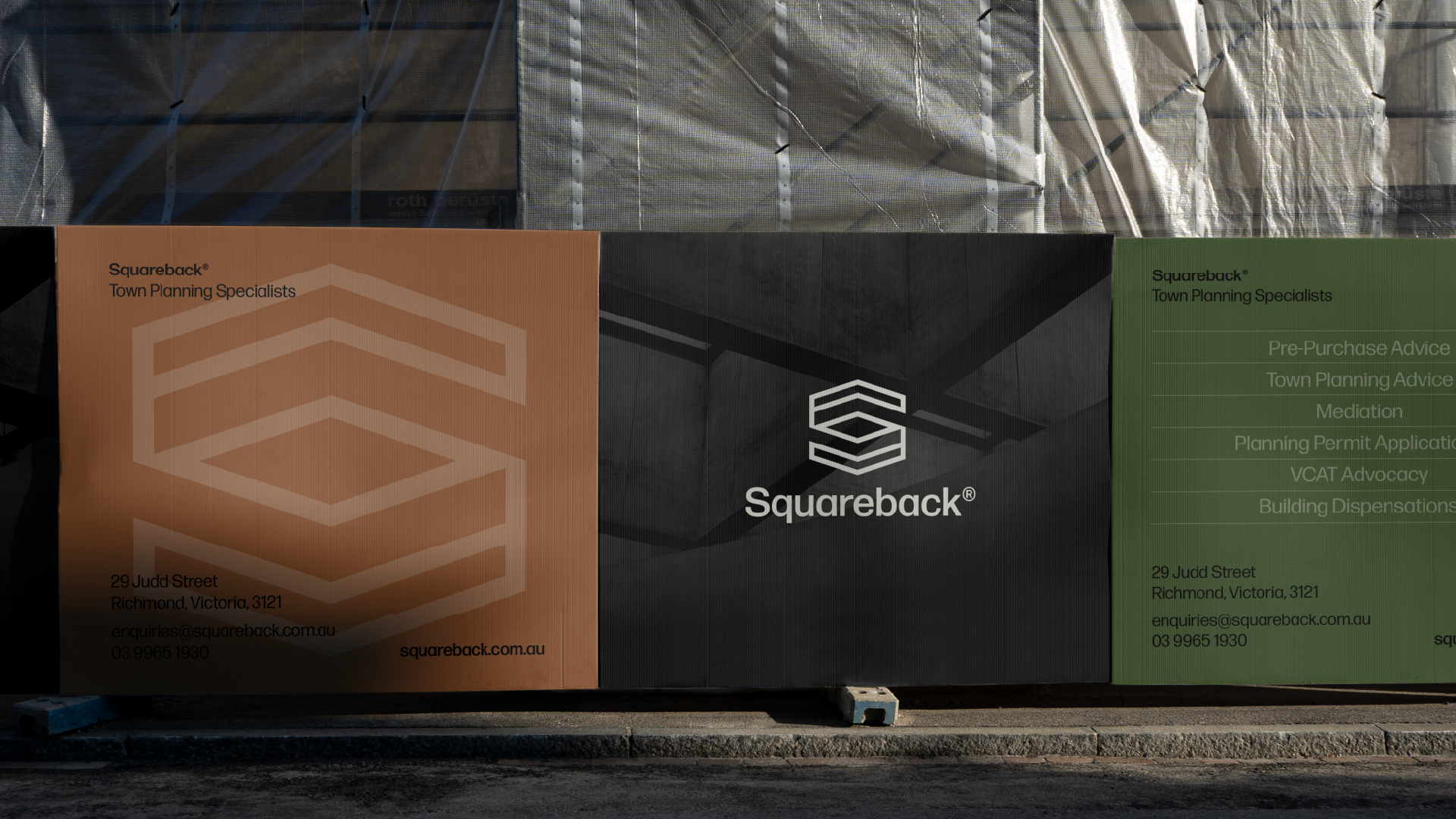 Construction site with a black and orange Signage displaying Squareback Town Planning Specialists contact information, logo, and services like pre-purchase advice, mediation, planning permit applications, and building dispensations, in Sydney, Australia.