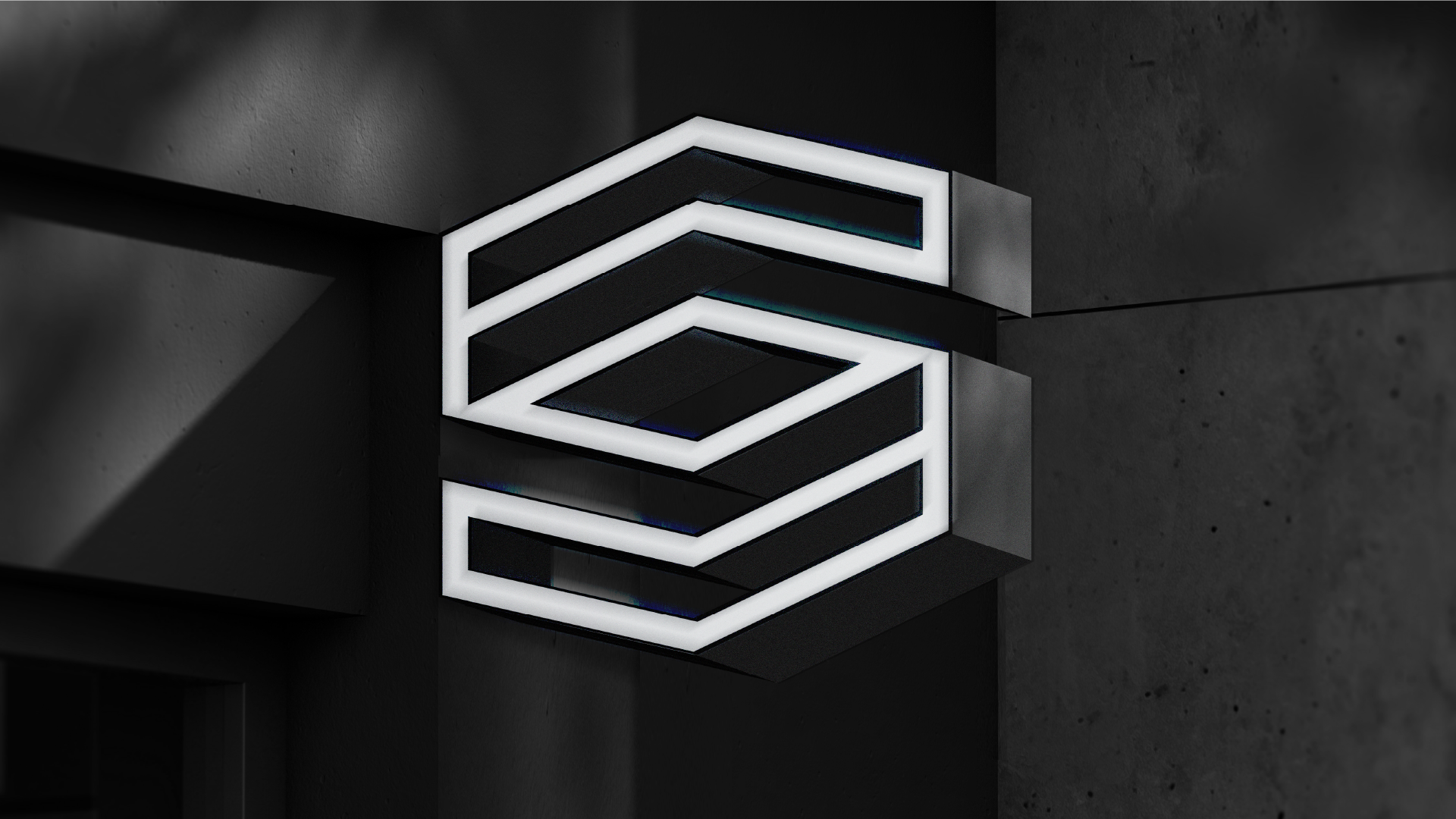 Modern black and white geometric wall light fixture with illuminated outline in a dark room.