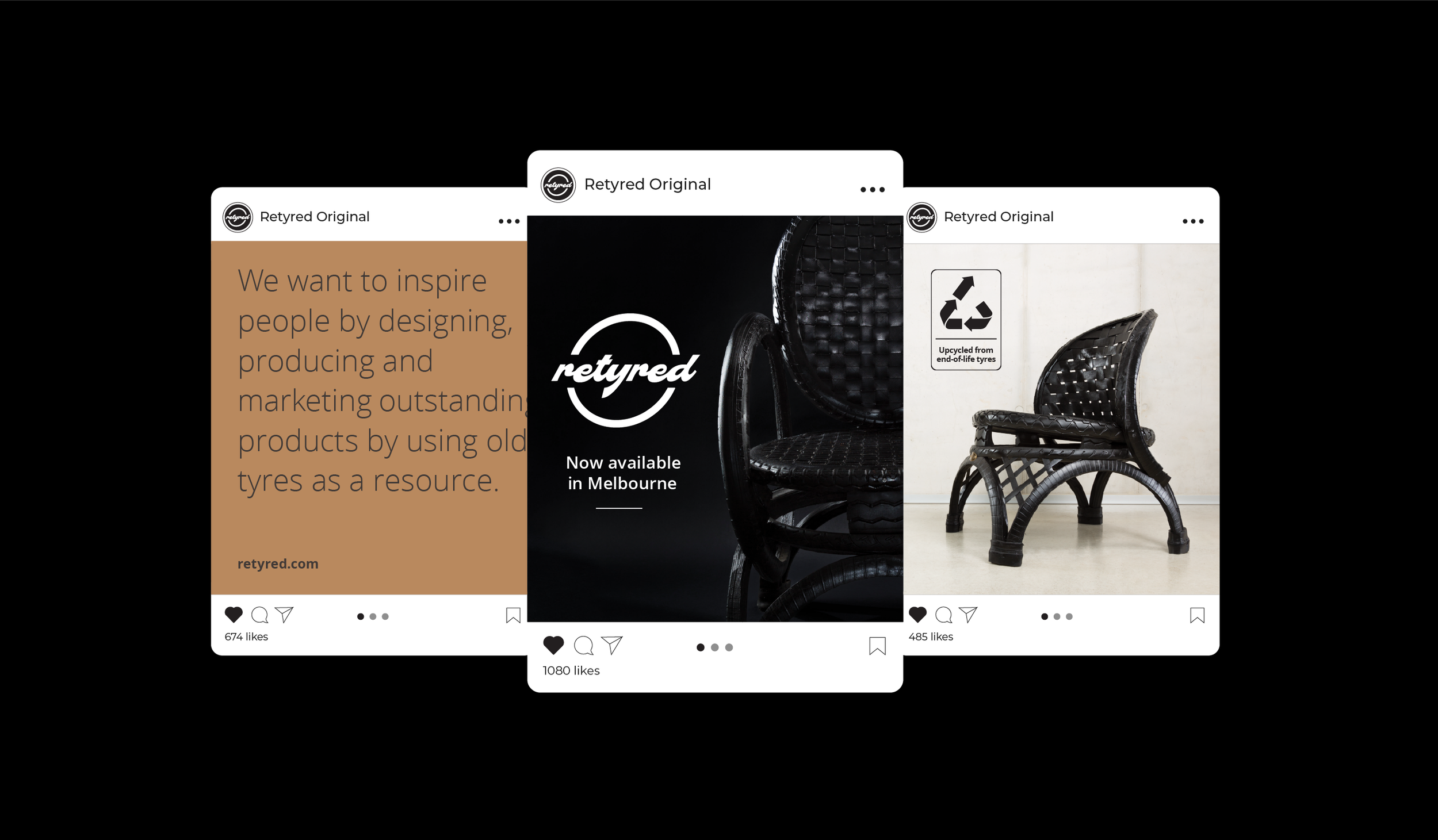 Screenshots of social media posts by Retyrd Original, showcasing upcycled furniture and a quote about inspiring people through design.