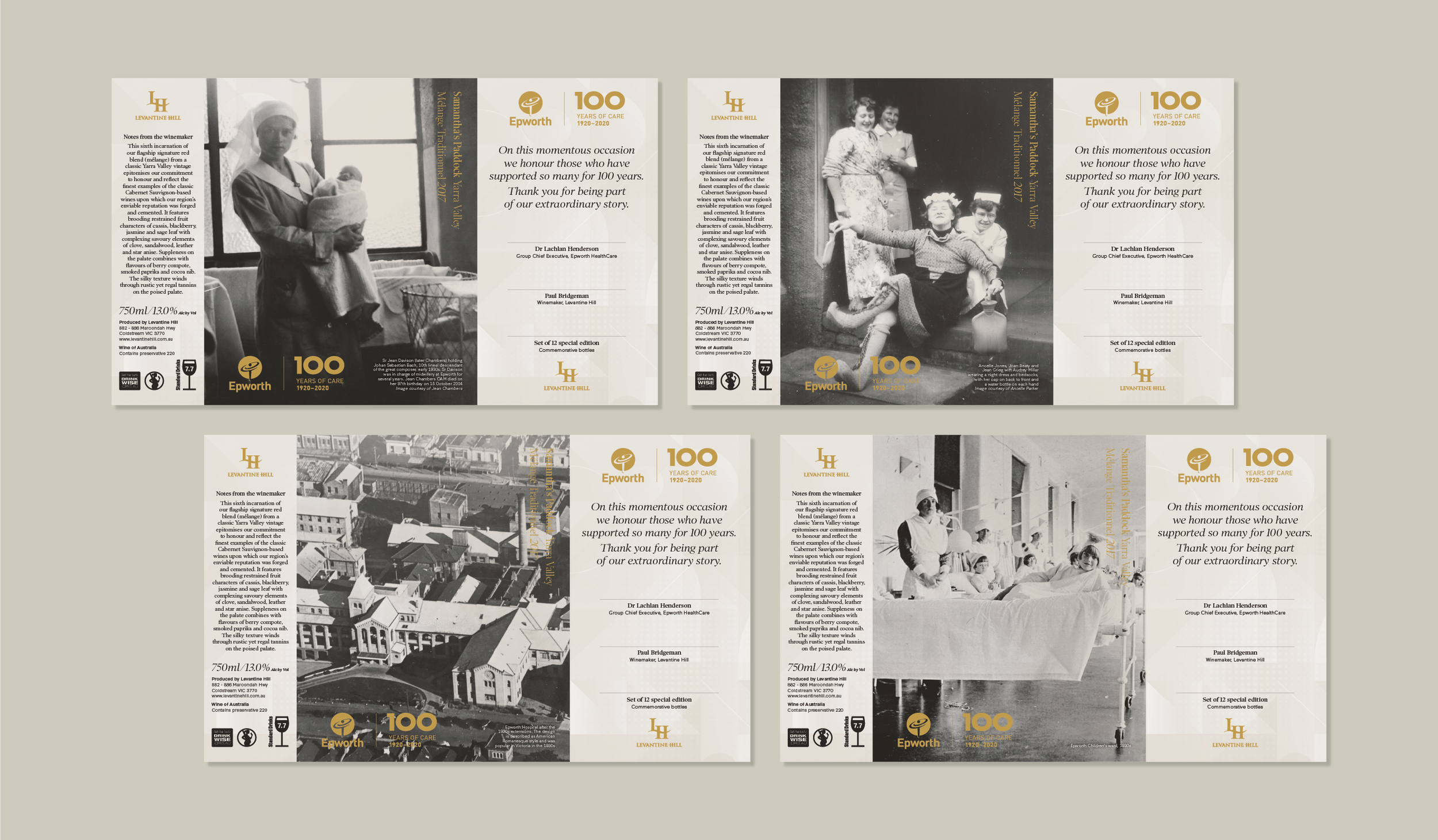 Collage of four vintage black and white photographs of people, a street scene, and a house, with informational text and logos celebrating 100 years of LeVantine Hill and Epworth, featuring employees and historical images.