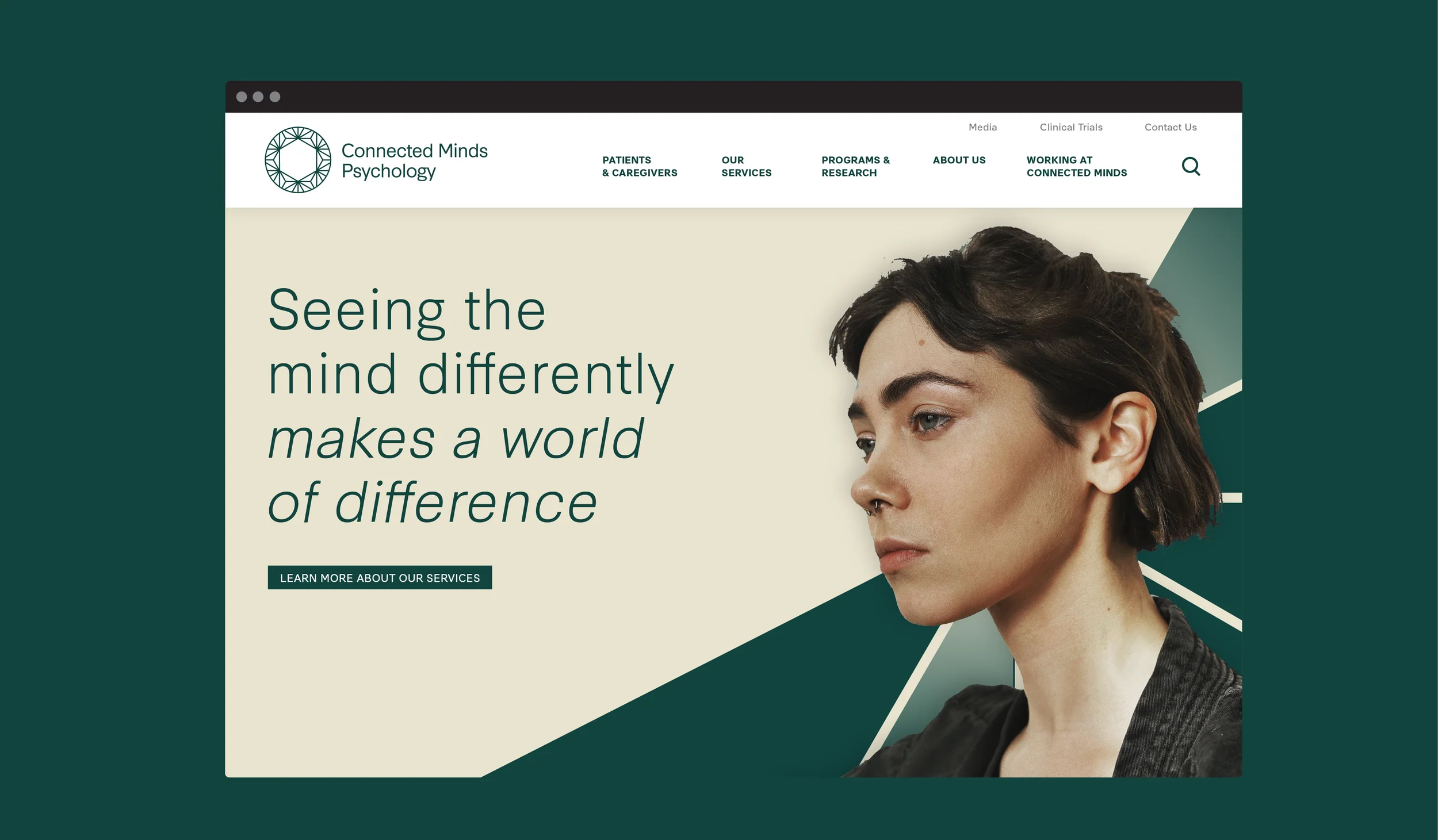 Homepage of Connected Minds Psychology showing a woman with short dark hair, text that reads 'Seeing the mind differently makes a world of difference', and a logo with a circular geometric design.