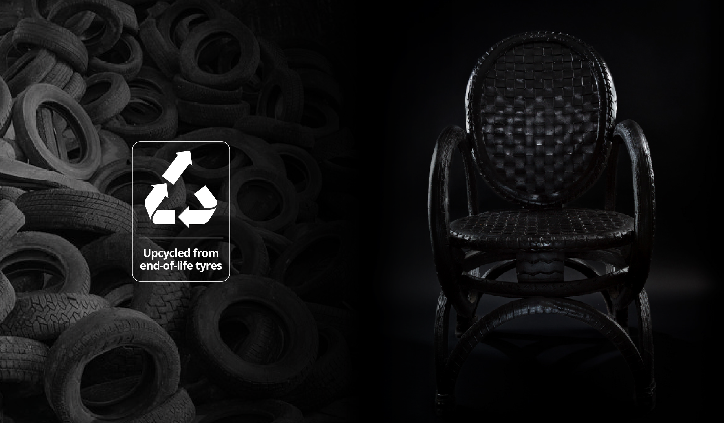 A chair made from upcycled end-of-life tires is positioned against a black background. On the left side, a pile of used tires is visible, with a graphic overlay indicating that they are upcycled to make the chair.