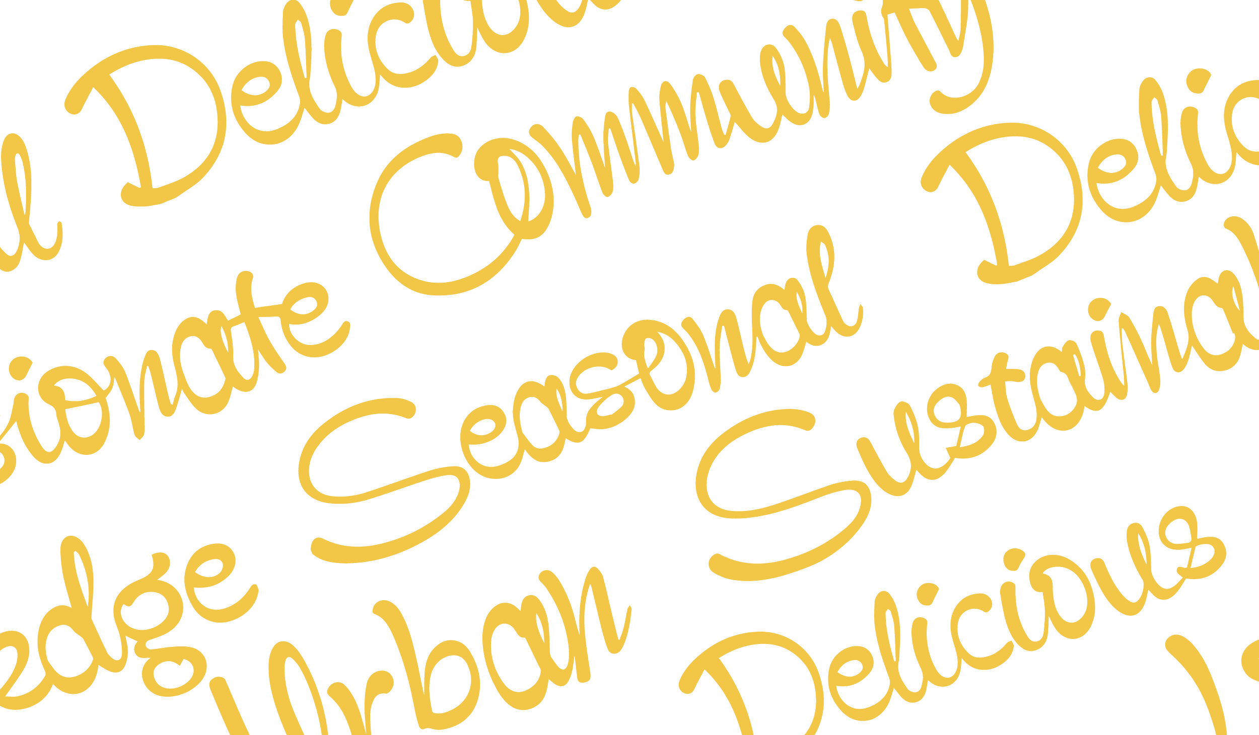 Close-up of yellow cursive text on a black background reading 'Delectable, Sensational, Delicious' repeatedly.