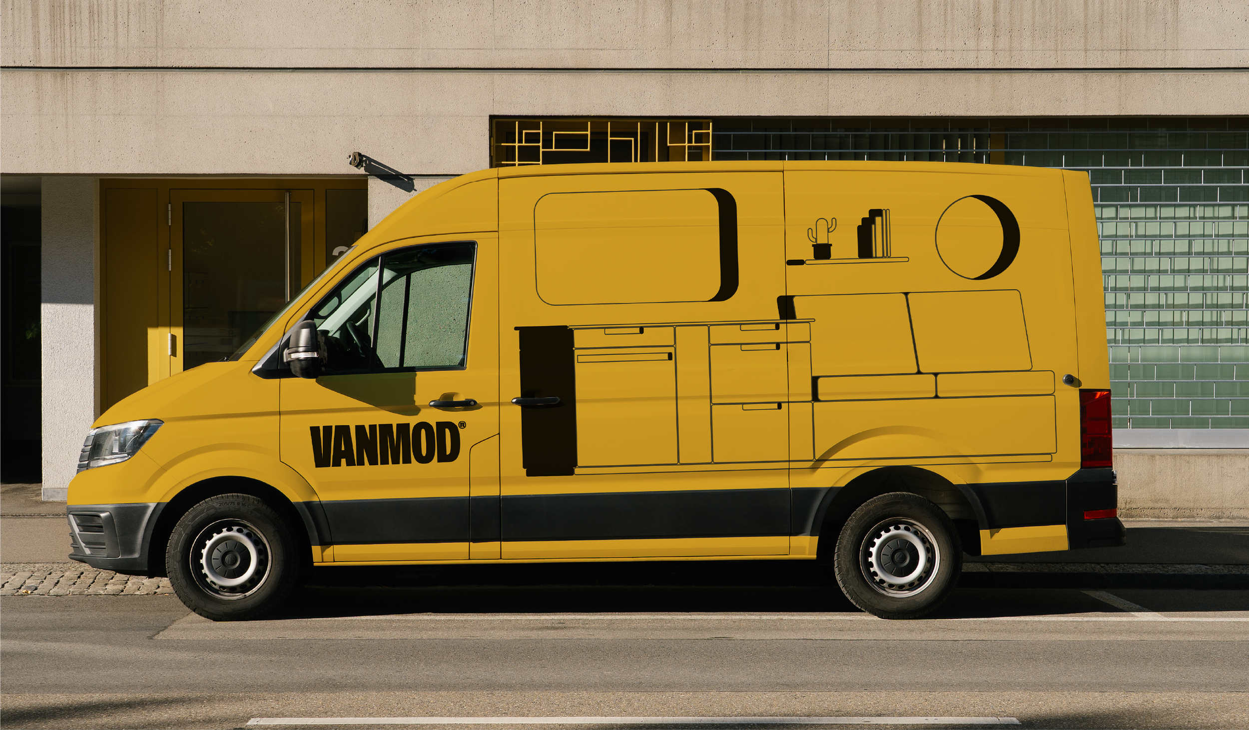 Yellow delivery van with 'VANMOD' logo parked on the street in front of a modern building with a yellow door and glass windows.