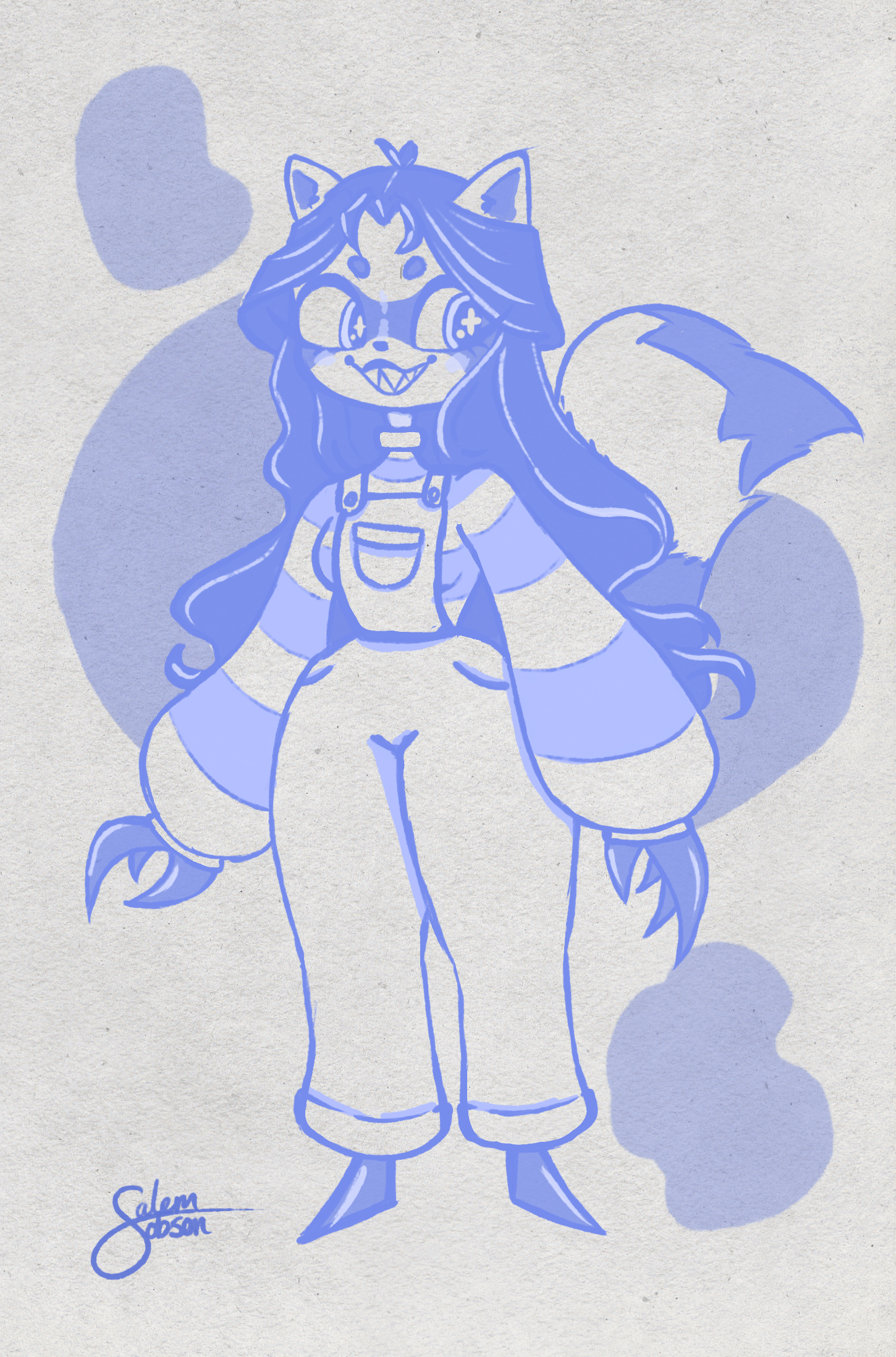 Sketch of a raccoon girl with long hair, wearing overalls, boots, and raccoon ears and tail, standing with hands to her sides, with bubble shapes in the background.
