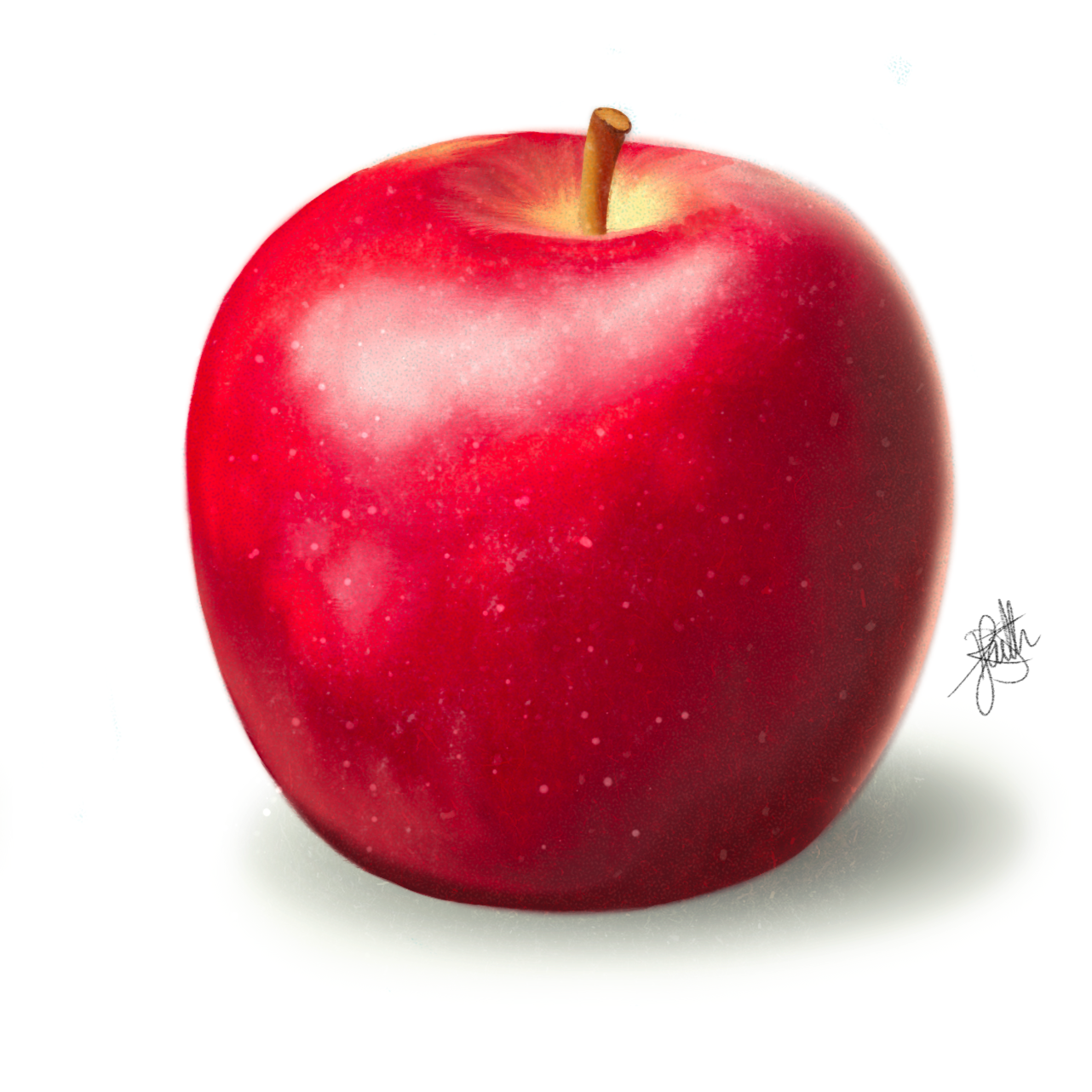 A digital painting of a bright red apple with a small stem on a white background, with a signature at the bottom right corner.