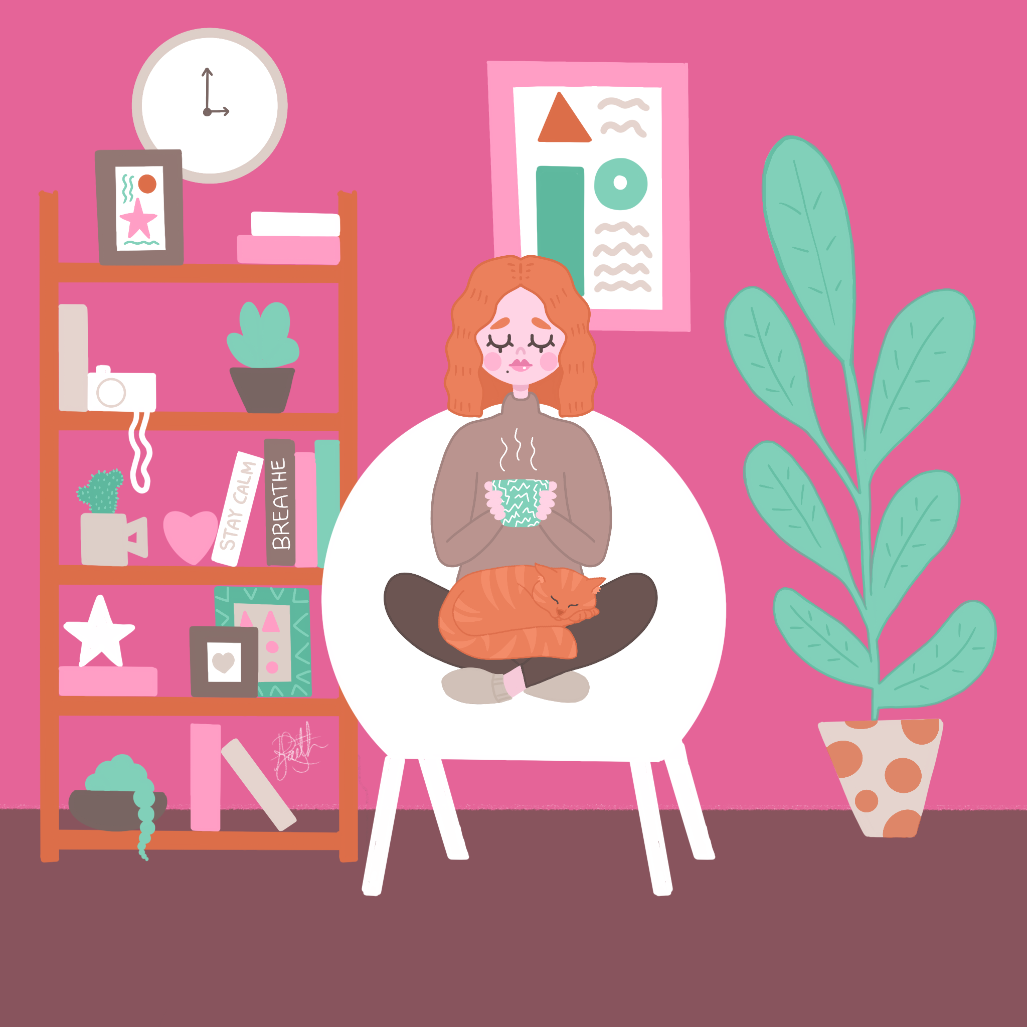 A woman with curly red hair sits cross-legged in a cozy room, holding a steaming mug. She is surrounded by a pink wall, a shelf with framed pictures, books, and decorative items, a large green plant on the right, and a pink wall with a large clock. A cat is curled up on her lap.