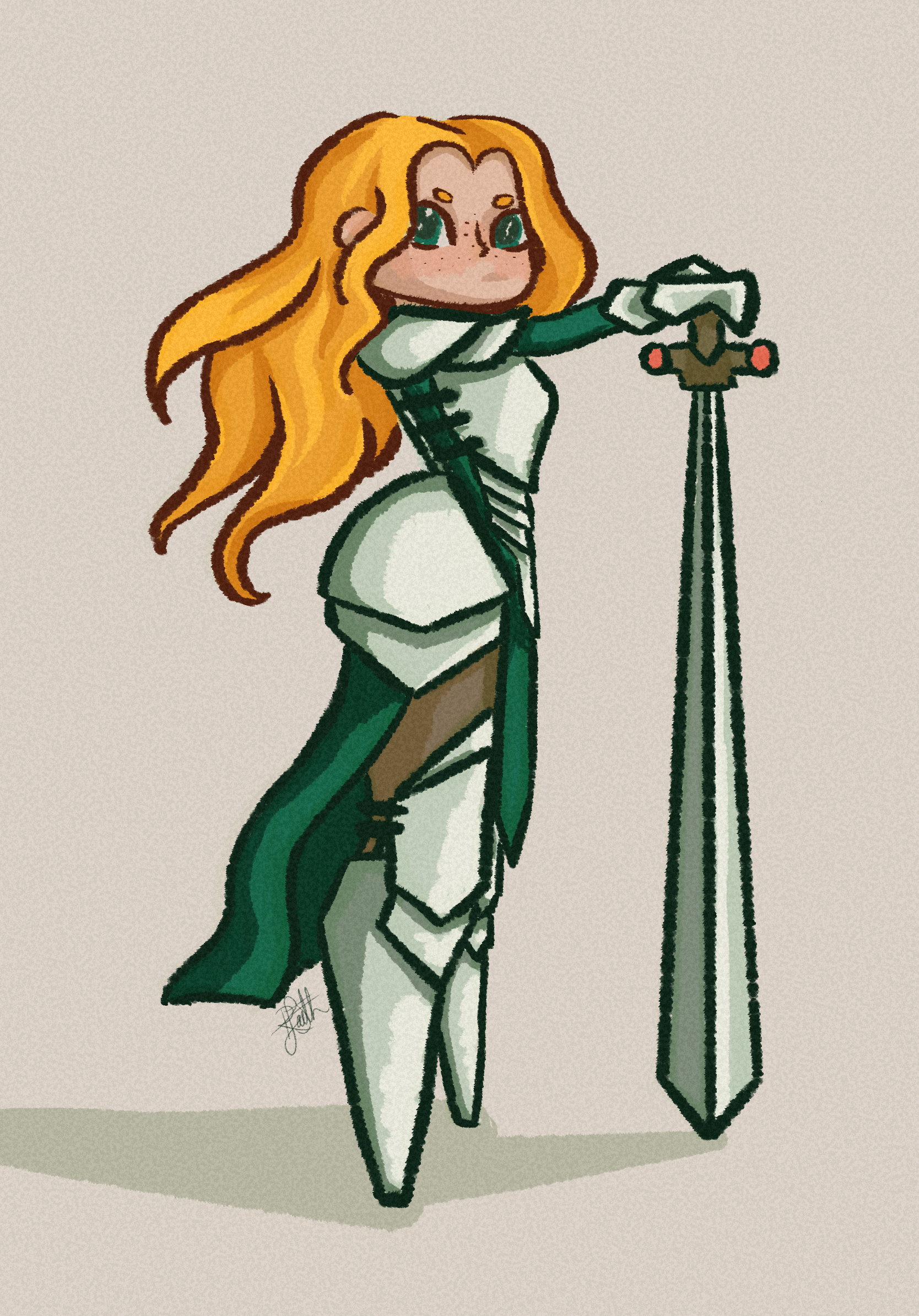 A digital drawing of a young warrior woman with long orange hair holding a sword.