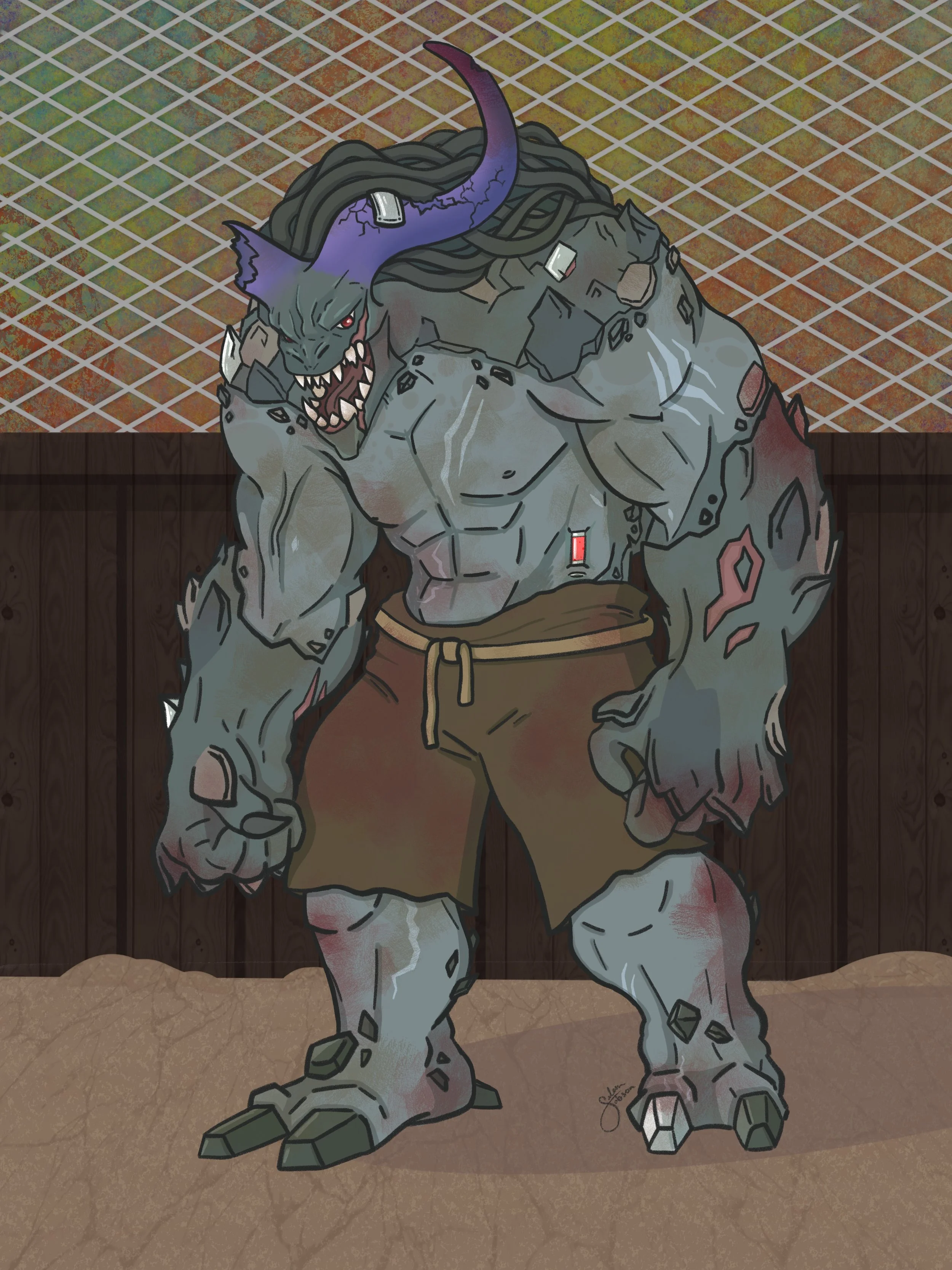 A fantasy illustration of a muscular, beastly creature with gray skin, red eyes, and long dreadlocks. It has sharp teeth, claws, and tribal ritual scars. The creature stands on a dirt ground with a barred metal fence behind it.