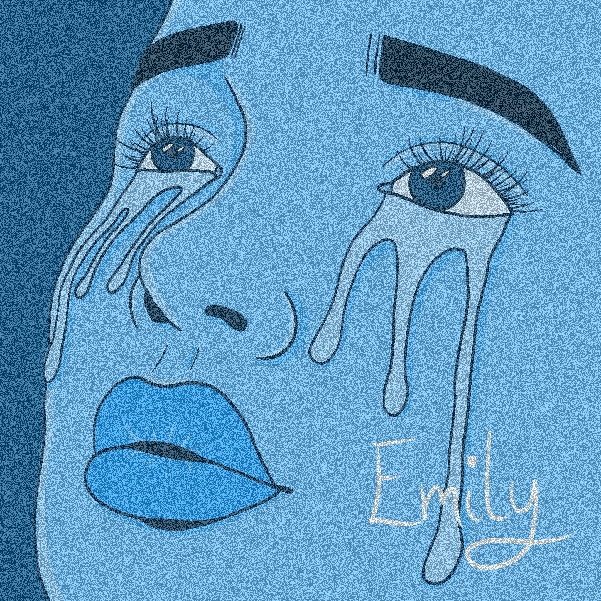 A close-up illustration of a woman's face with long eyelashes and eyes looking into the distance, tears streaming down her face, drawn with bold lines on a blue textured background and the name 'Emily' written in cursive.