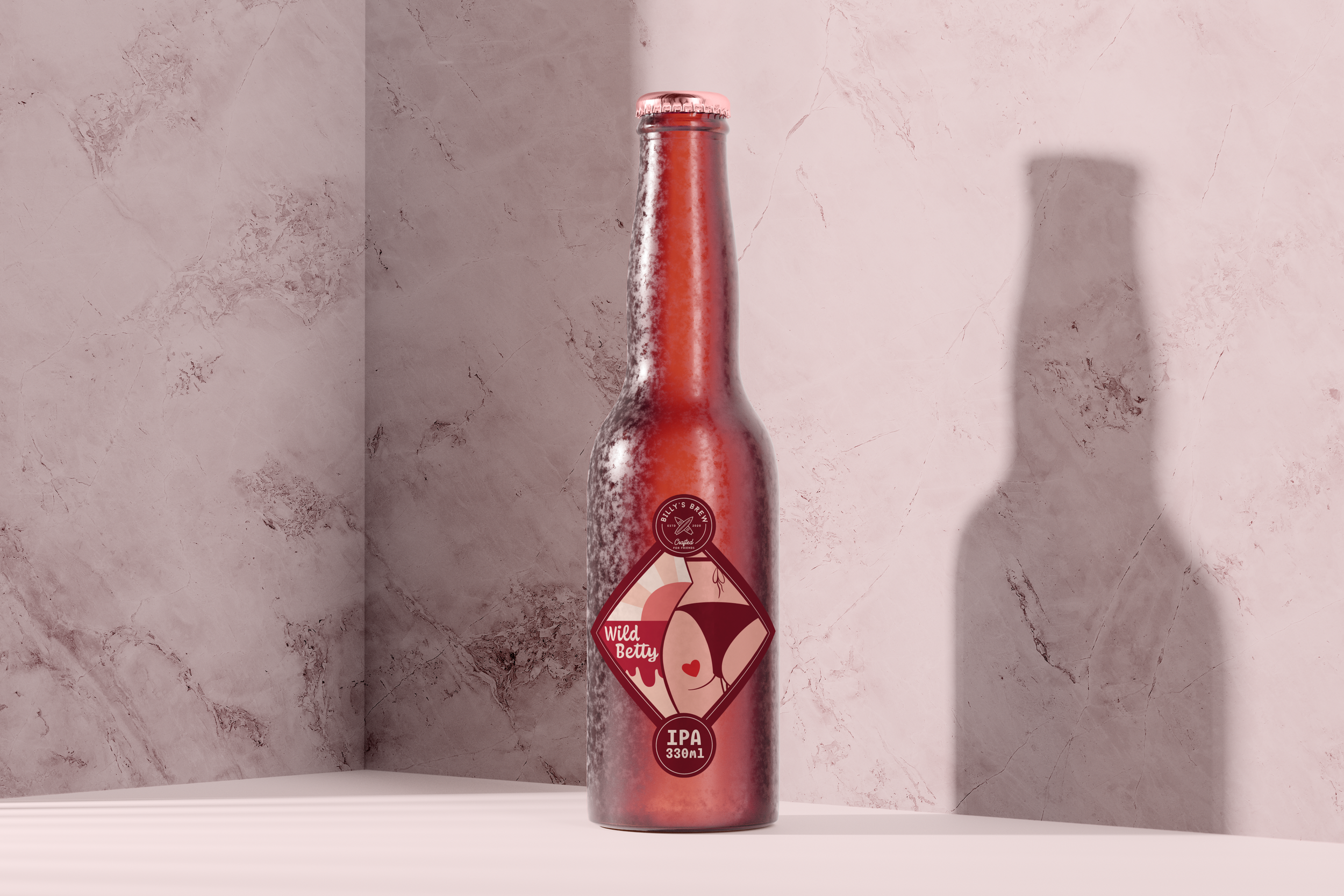 A glass bottle of Wild Betty IPA beer with a pink cap, positioned on a surface against a pinkish marble wall, with a shadow of the bottle visible on the wall.