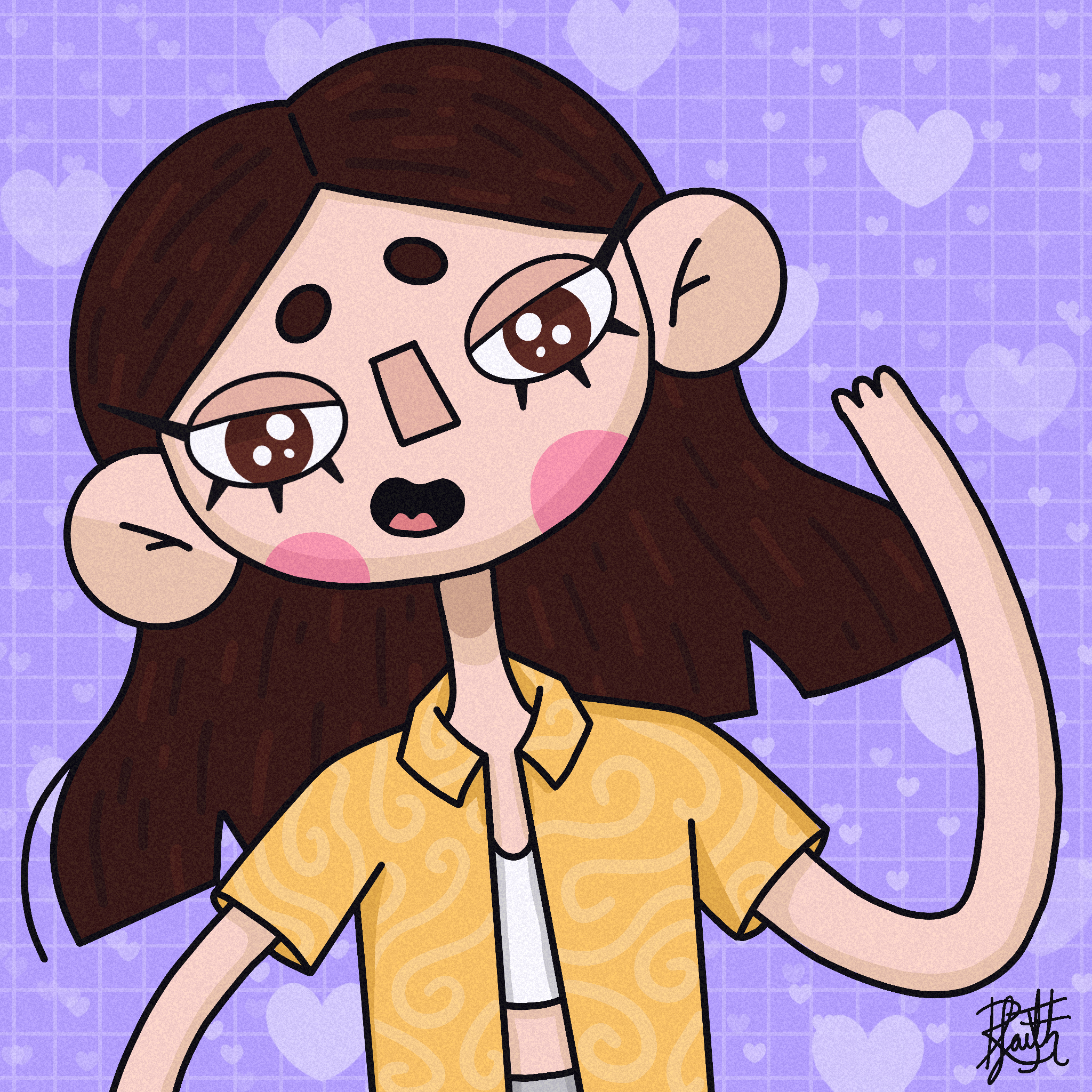A cartoon girl with long brown hair and a yellow shirt, with a purple background decorated with light purple hearts.