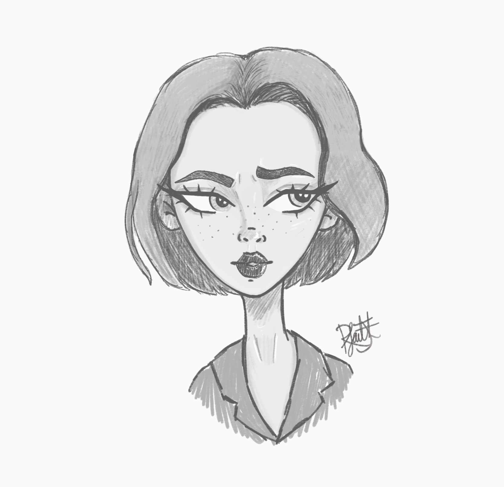 A black and white sketch of a young woman with chin-length hair, parted in the middle, with thick eyebrows, large eyes, freckles, and full lips. She is wearing a collared shirt.