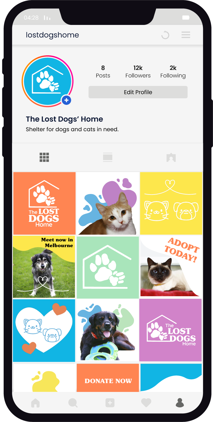 Instagram profile page mockup for The Lost Dogs Home, a shelter for dogs and cats in need, showing profile info, posts, followers, following, and various colorful images and icons of dogs and cats.