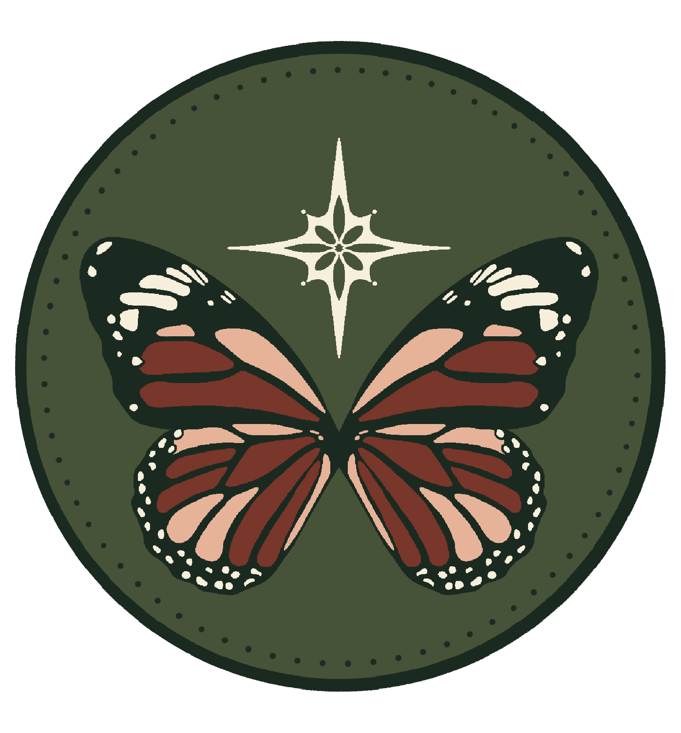 Stylized butterfly with black, pink, and red wings on green background with white star-like design above