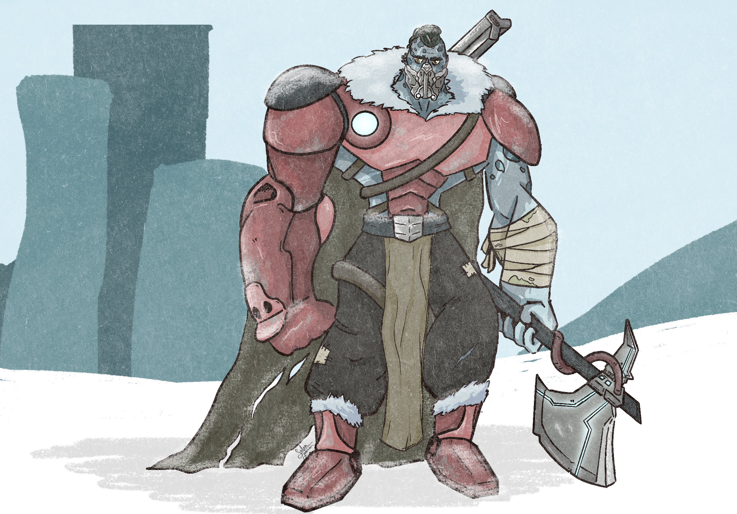 A digital illustration of a humanoid character with a robotic face, dressed in red and brown armor with fur trim, holding a weapon, and standing in front of a snowy cityscape background.