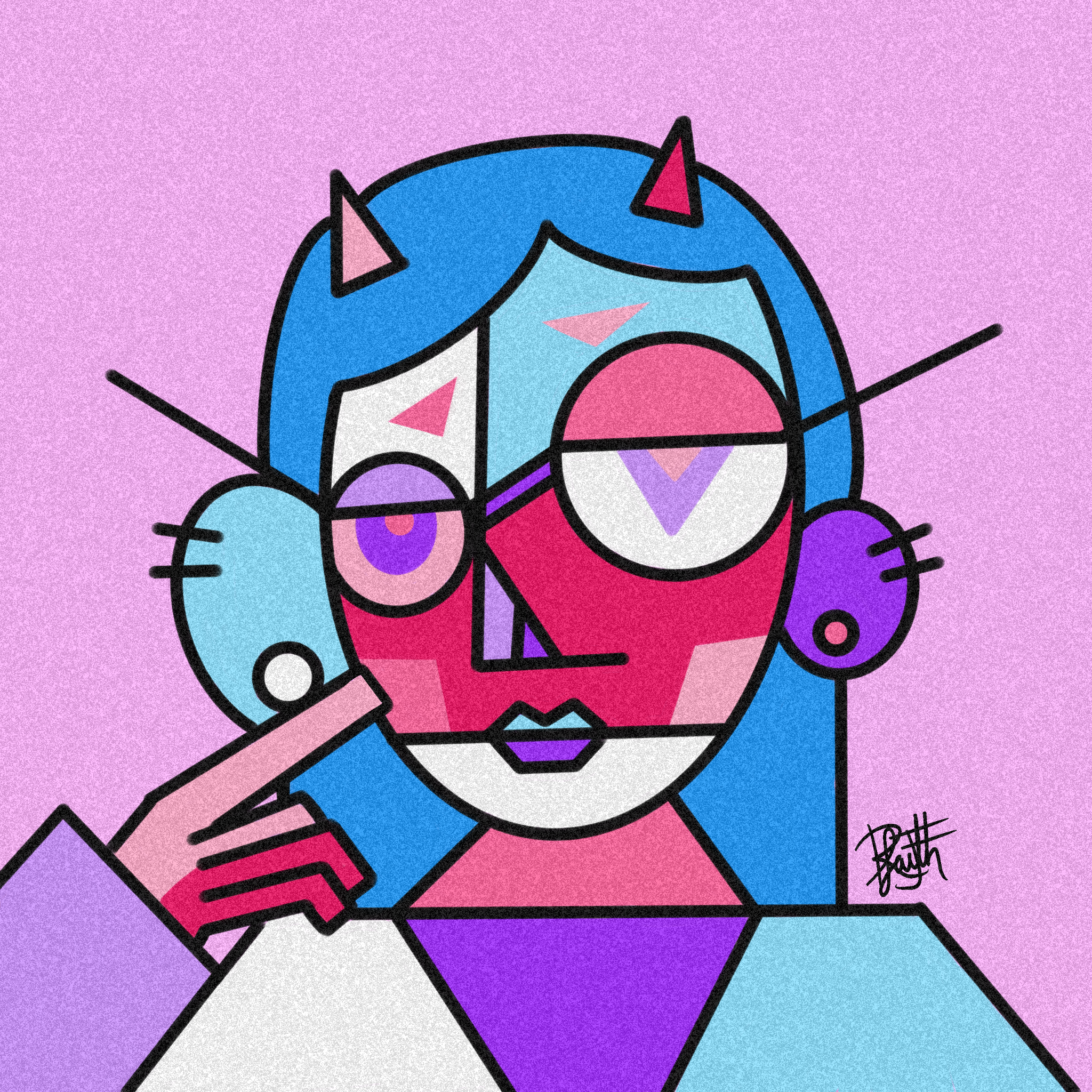 A colorful, stylized illustration of a person with a blue hair, pink horns, and a rainbow-colored body, set against a pink background.