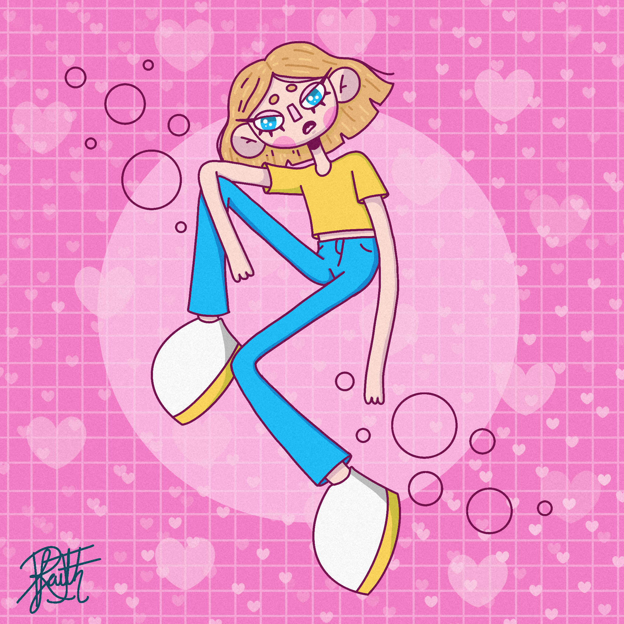 A cartoon girl with blonde hair and blue eyes, floating in a sitting position, with a pink background featuring small hearts and a grid pattern.