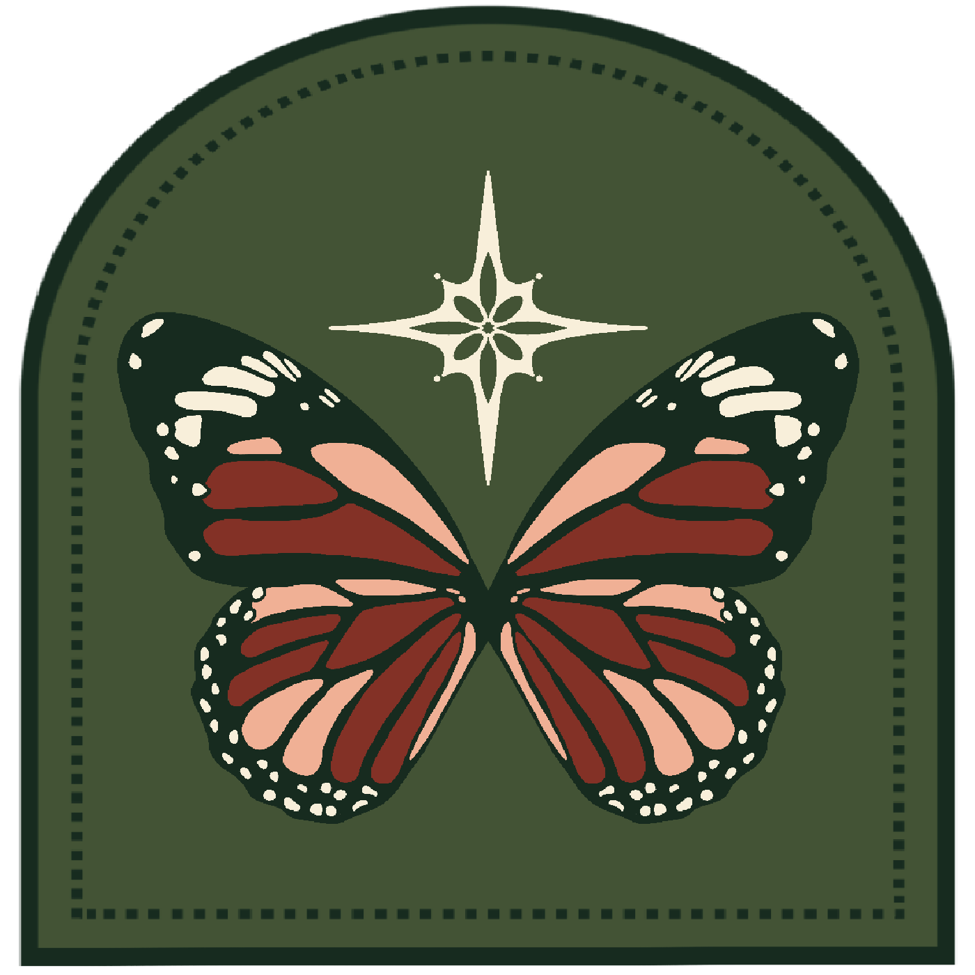 Illustration of a butterfly with red, pink, black, and white markings, positioned in front of a dark green background with a white star-shaped symbol above it.