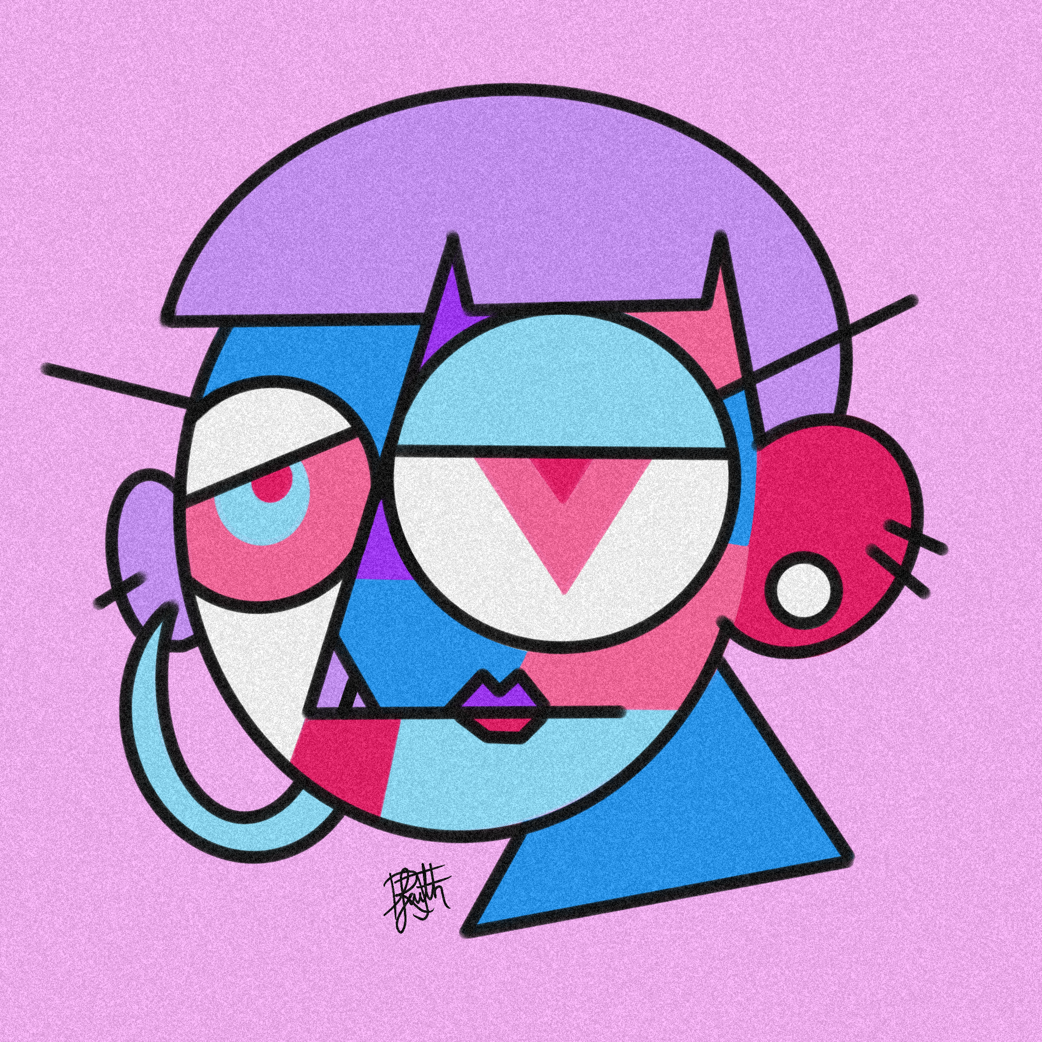 A colorful, stylized illustration of a woman's head with geometric shapes and black outlines against a pink background.