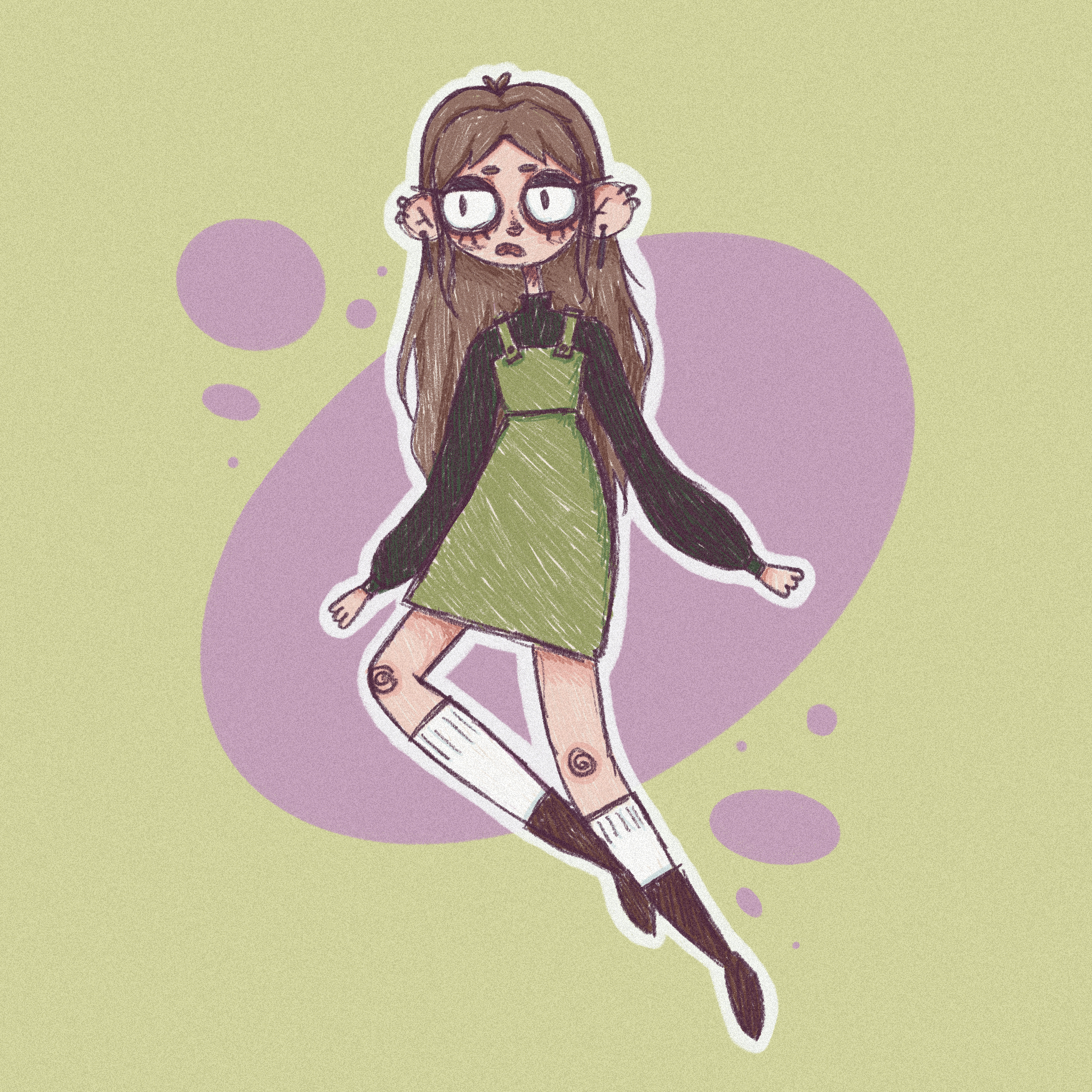 A hand-drawn illustration of a girl with long brown hair,  a black long-sleeved top, green dress, and white knee-high socks standing on a purple circle with a light green background containing purple circles.
