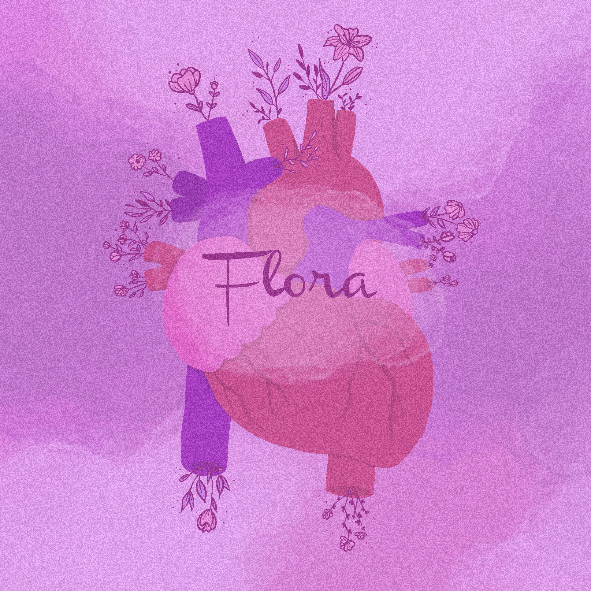 Abstract floral illustration with an anatomical heart and flowers, with the word 'Flora' written in the center on a purple and pink background.